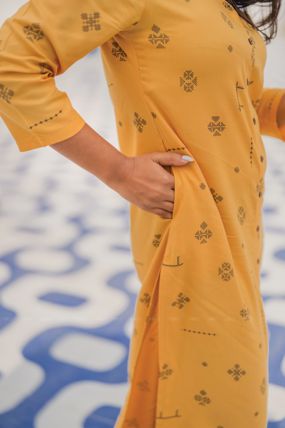Terra Stitch Yellow Viscose Kurta with Chinese Collar & 3/4 Sleeves