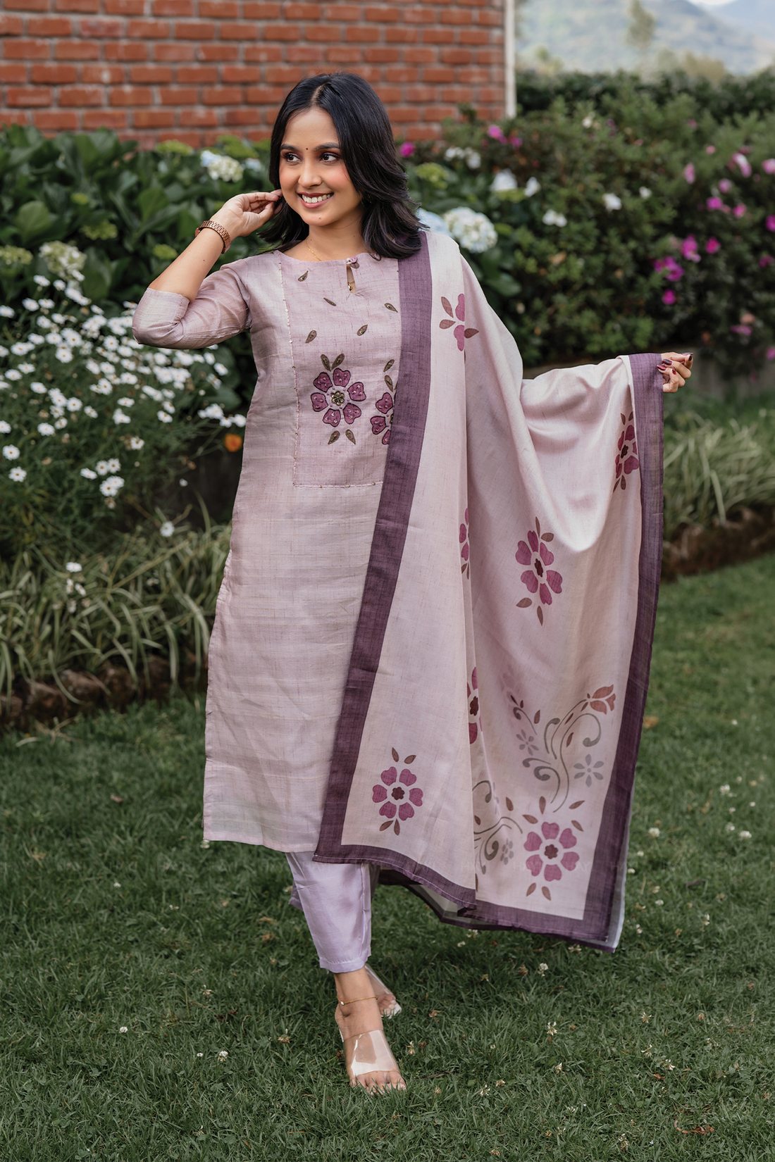 Rosey Mauve Embroidered Tussar Silk Kurta Set