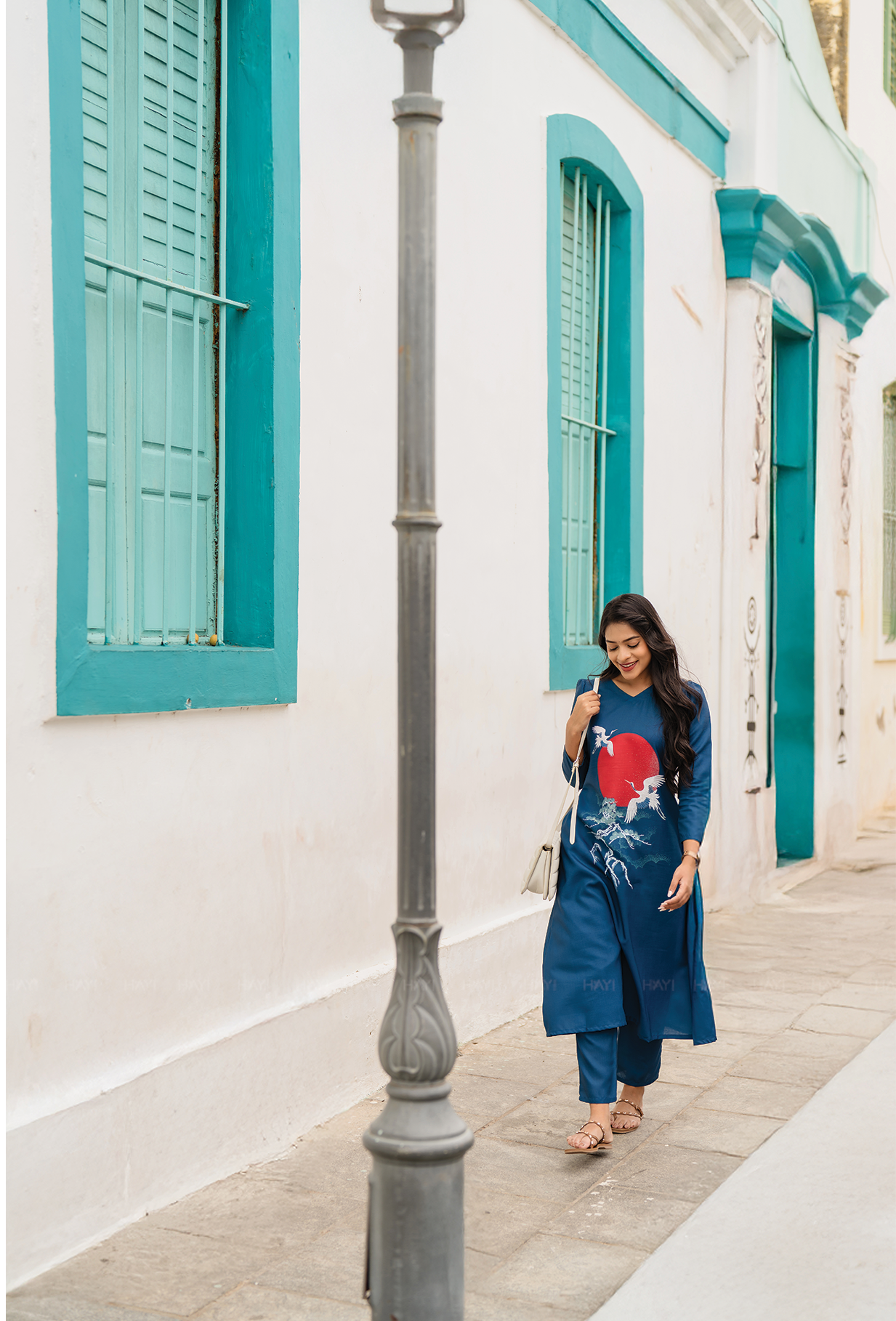 Ascent Blue with Cranes Embrace printed Linen Blend Co-ords