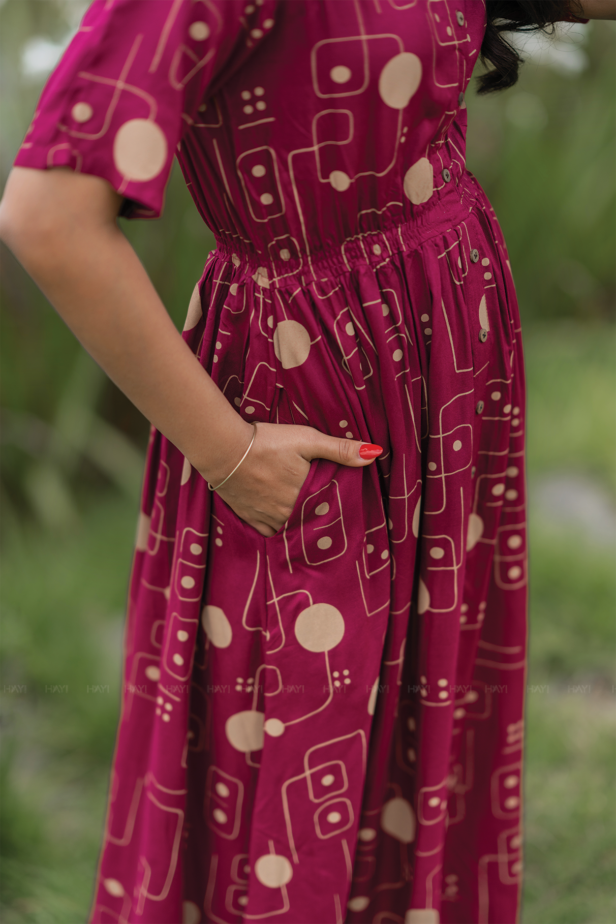 MatrixElegance Maroon Viscose with V-Neck & Flared Elbow Sleeves