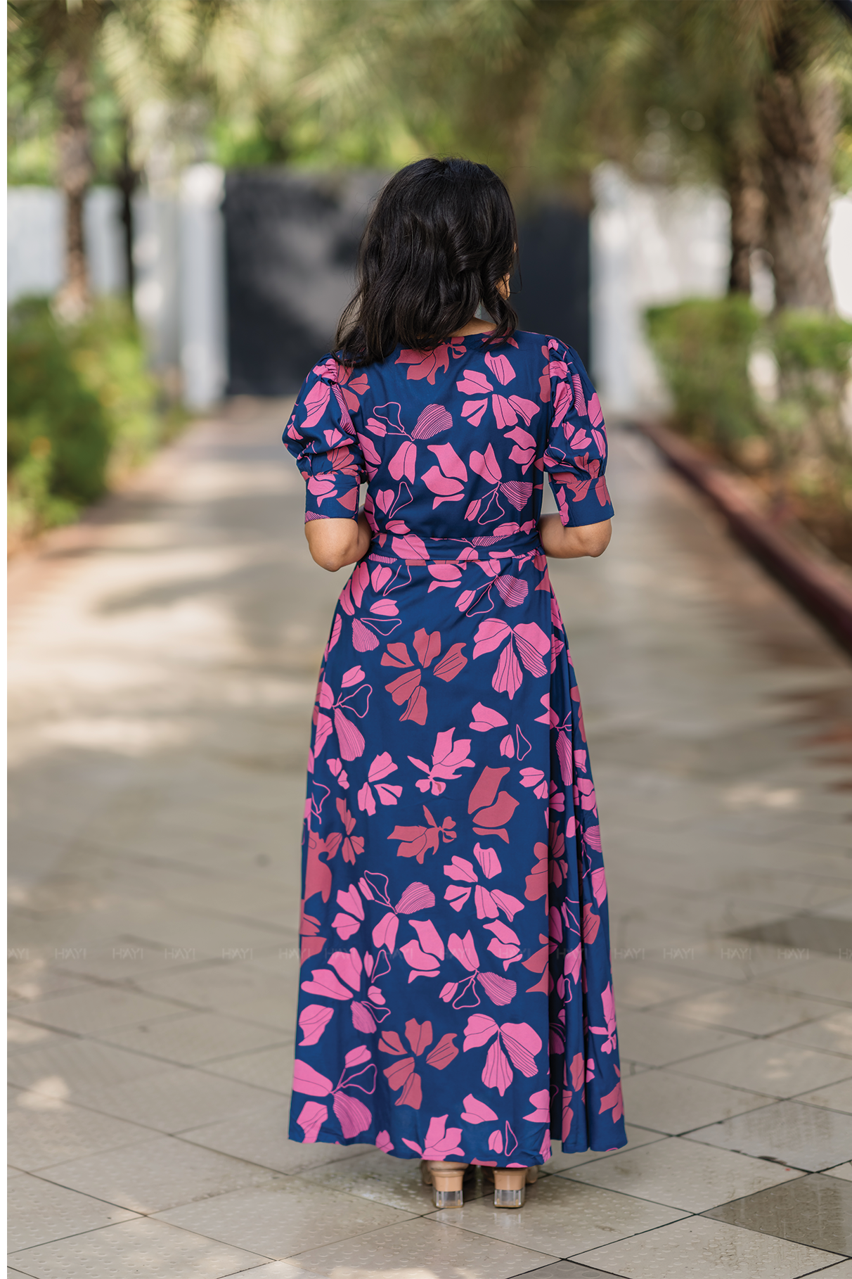 Berry Noir Blue Viscose Dress with Puff Sleeves & Belt