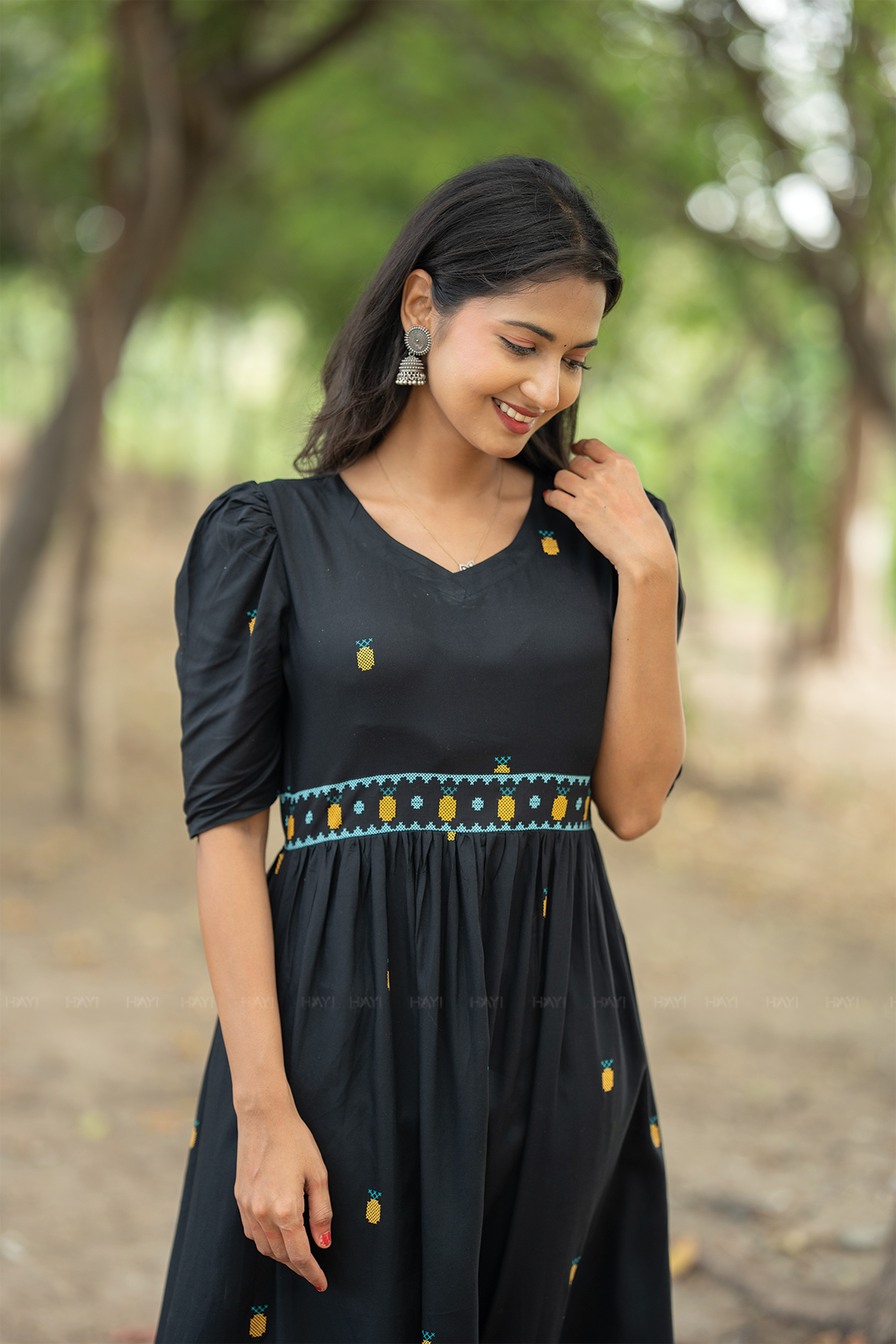 Starry Pineapple Black Viscose with Leg-O-Mutton Sleeves