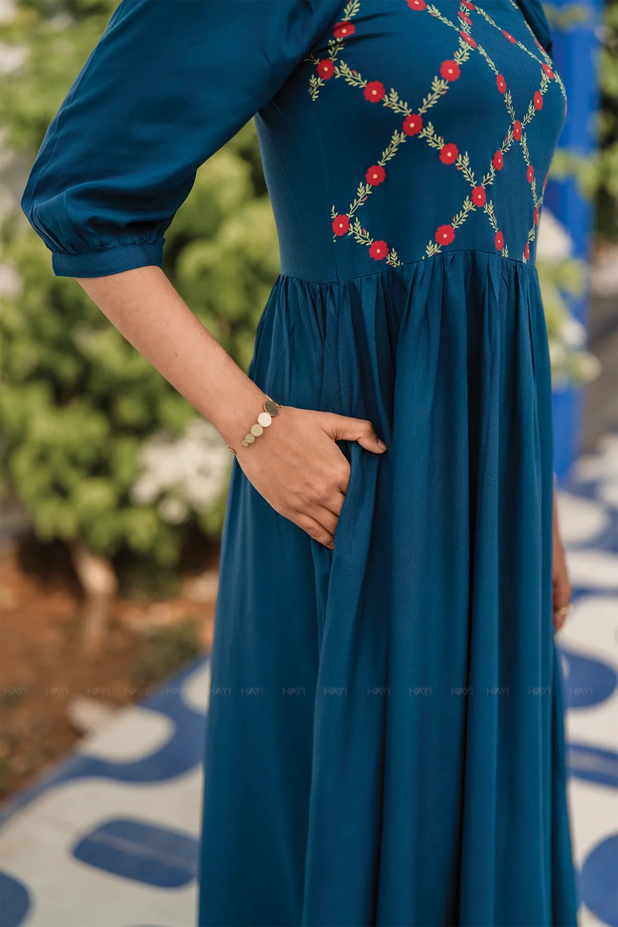 Regal Bloom Teal Viscose Dress with Square Neck & 3/4th Sleeves