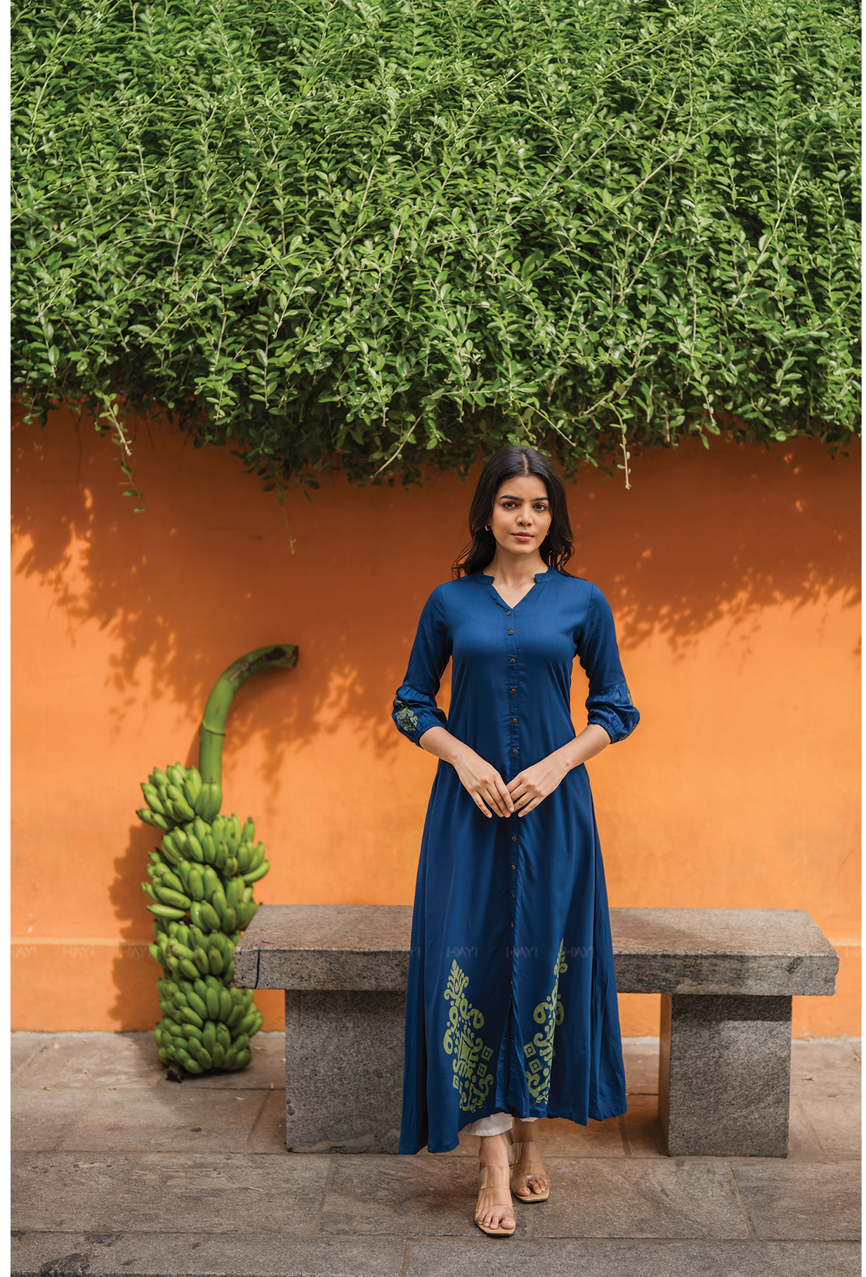 Indigo Heron with green printed Viscose Dress