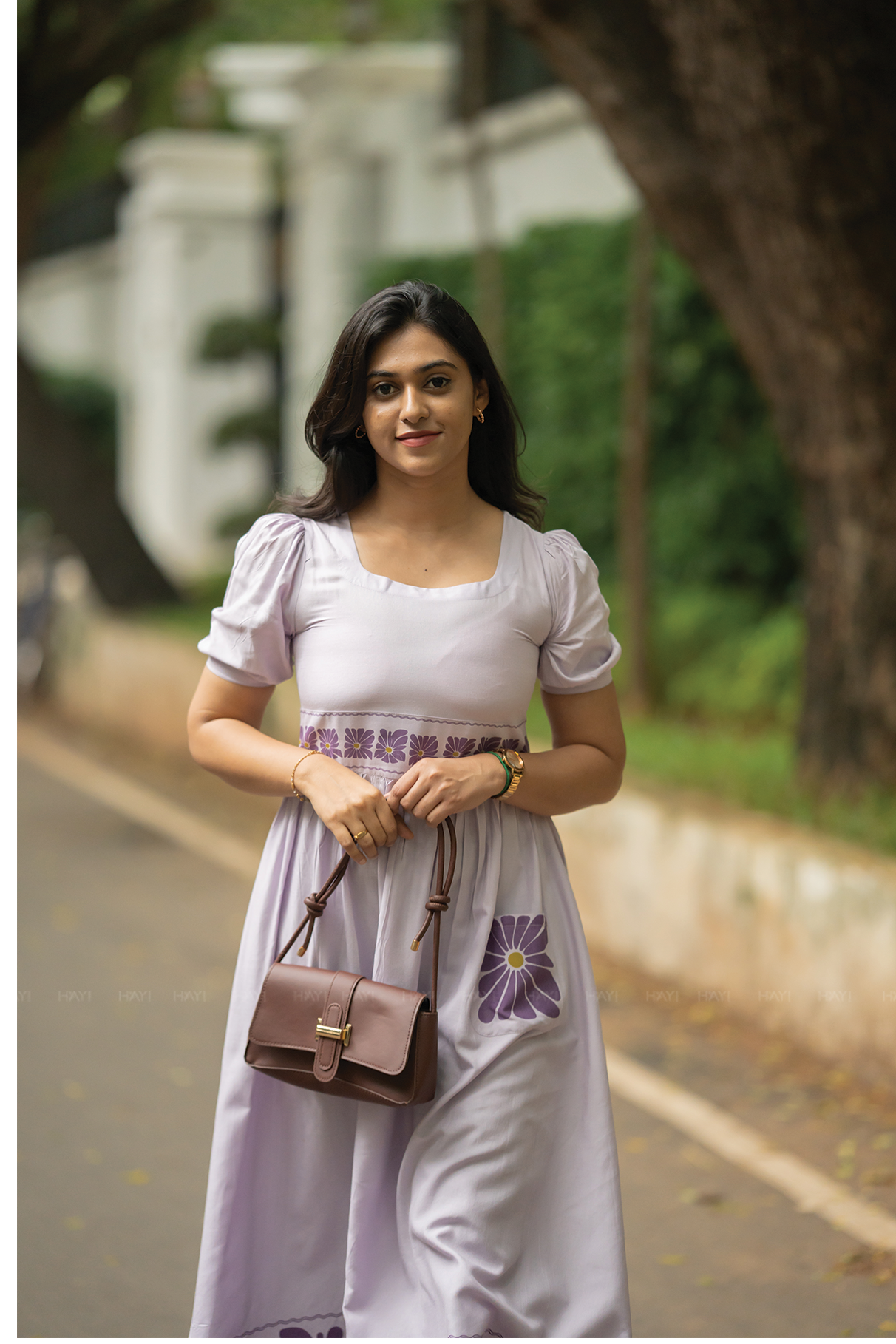 Floral Flow Lavender Viscose Dress with Square Neckline & Puff Sleeves