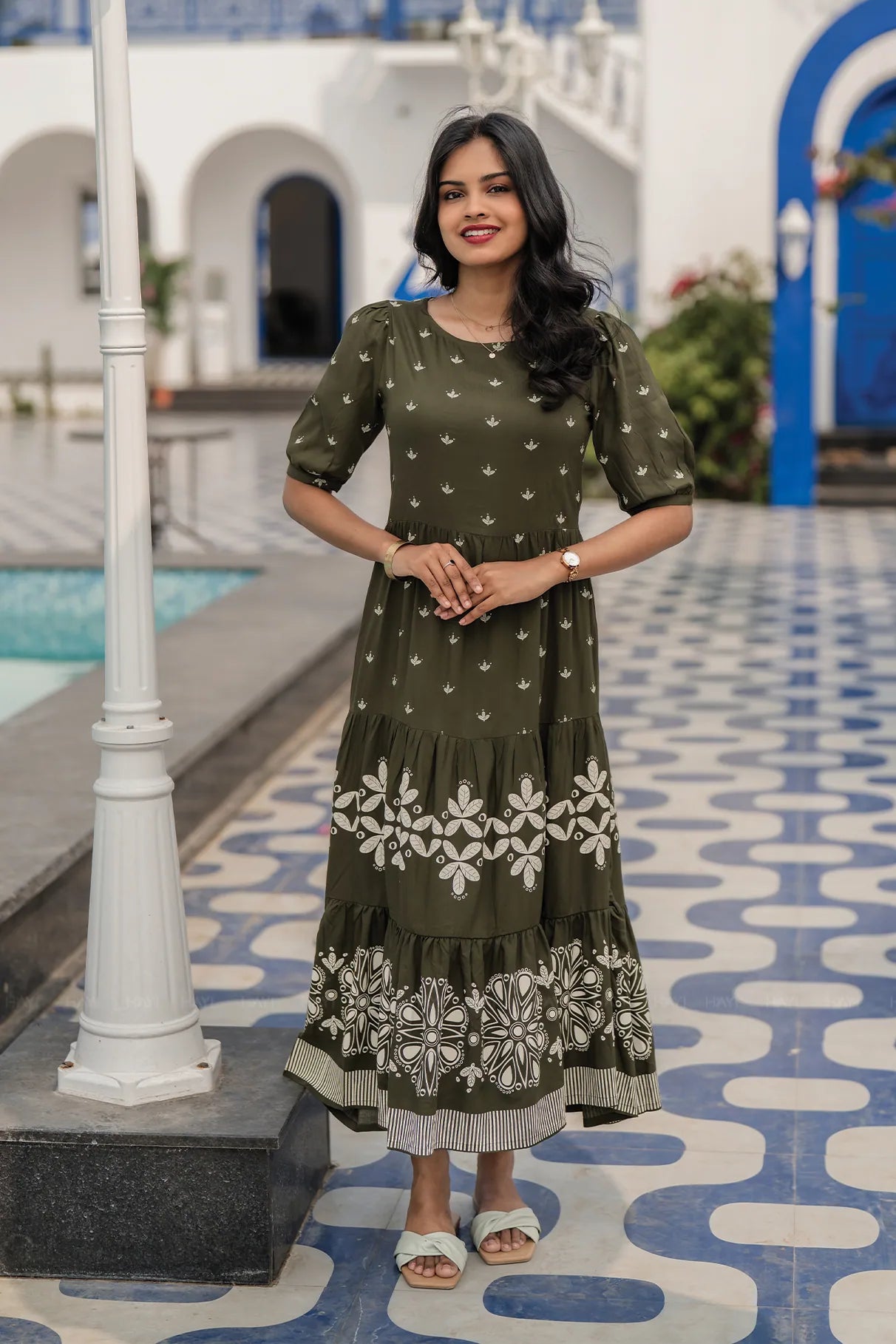 Vriksha Bloom Green Viscose Dress with Boat Neck & Puff Sleeves
