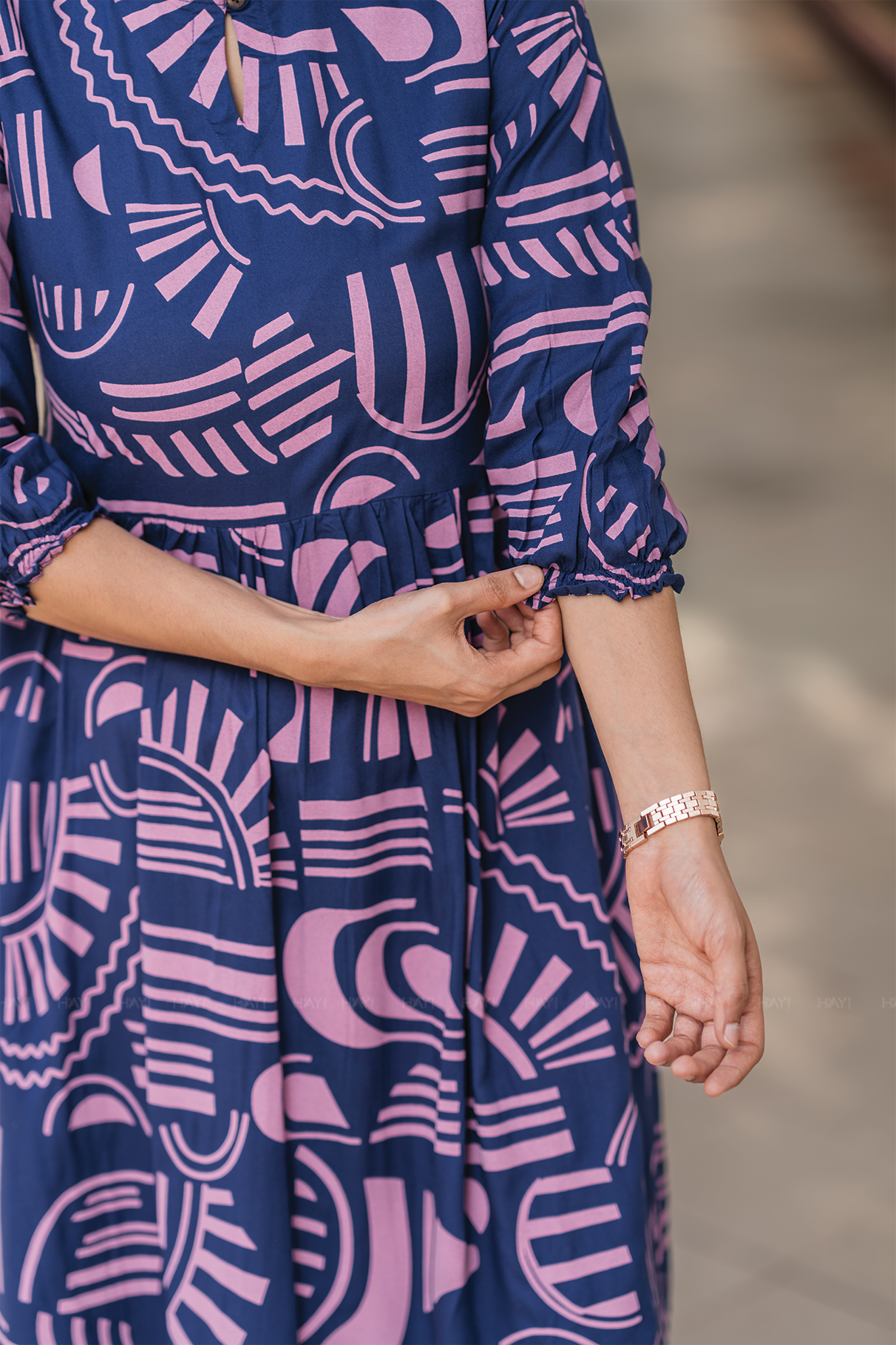 Geometric Whispers Blue Viscose Dress with Keyhole