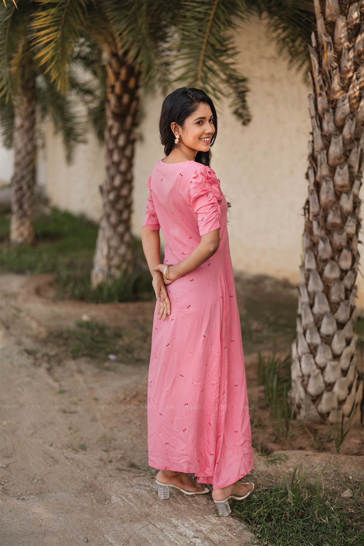 Blush Cascade Pink Viscose Dress with Sweetheart Neck & Ruched Sleeves