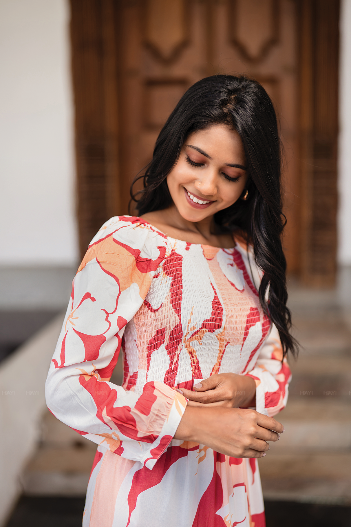 Sweet Sunset Beige Viscose Dress with Square Neckline & 3/4 Sleeves with Gathered Cuffs
