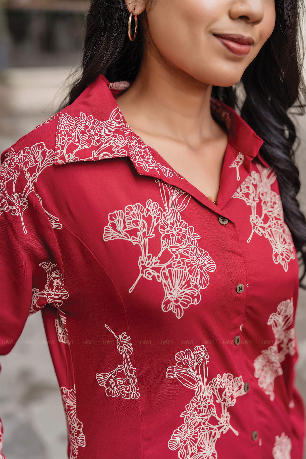 Flora Ensemble Red Viscose Co-ord with Shirt Collar & 3/4th Sleeves