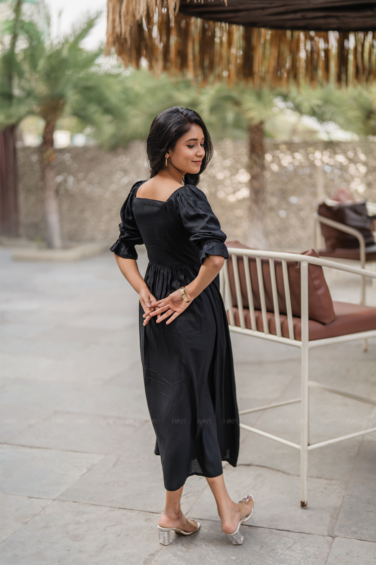 Wounded Rose Black Viscose Embroidered Dress with Square Neck & Elasticated Frill Sleeve Cuffs