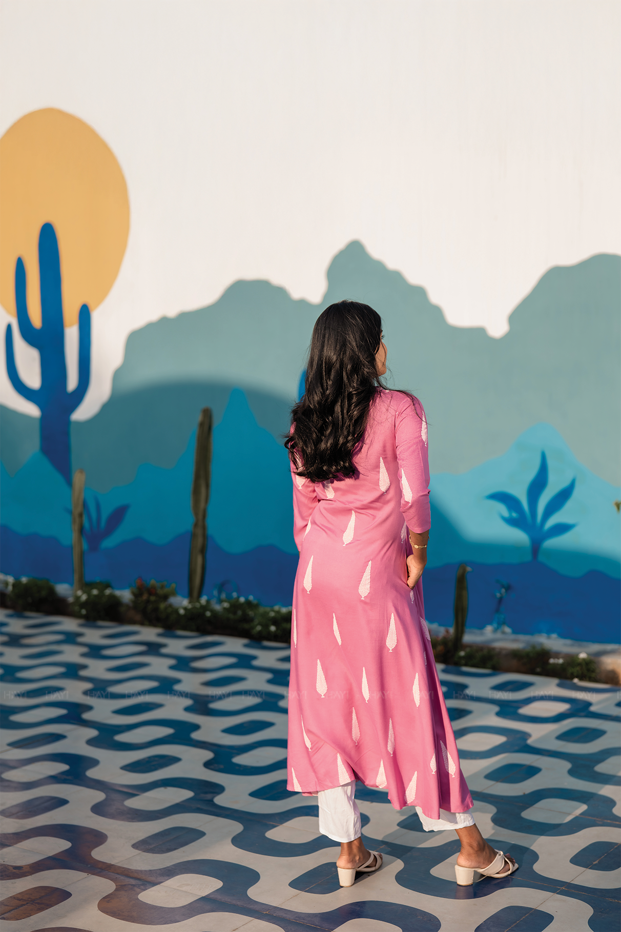 Blush Fern Onion Pink Viscose A-Line Kurta with Chinese Collar & 3/4th Sleeves