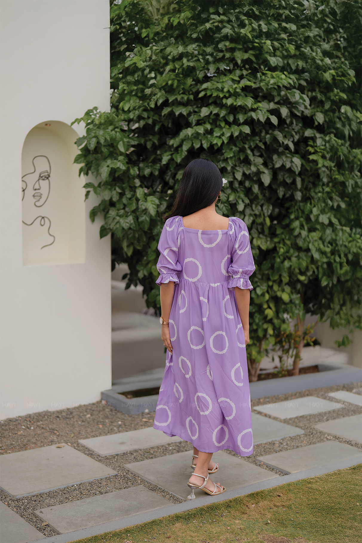 Lavender Ring Viscose Dress with Square Neckline & Puff Sleeve