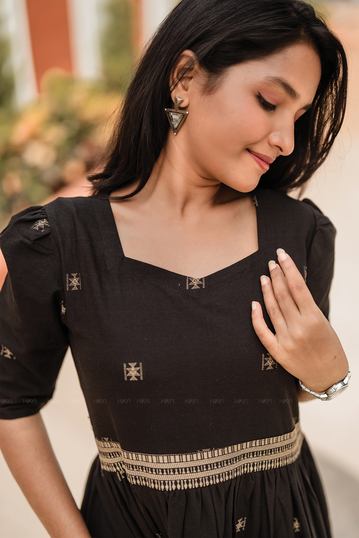 Starlight Black Handloom Dress with Sweetheart Neck & Leg-O-Mutton Sleeves