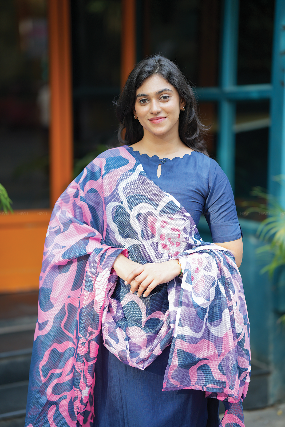 Blue Vibrant Petals printed 2 Piece Silk Blend Kurta with Dupatta
