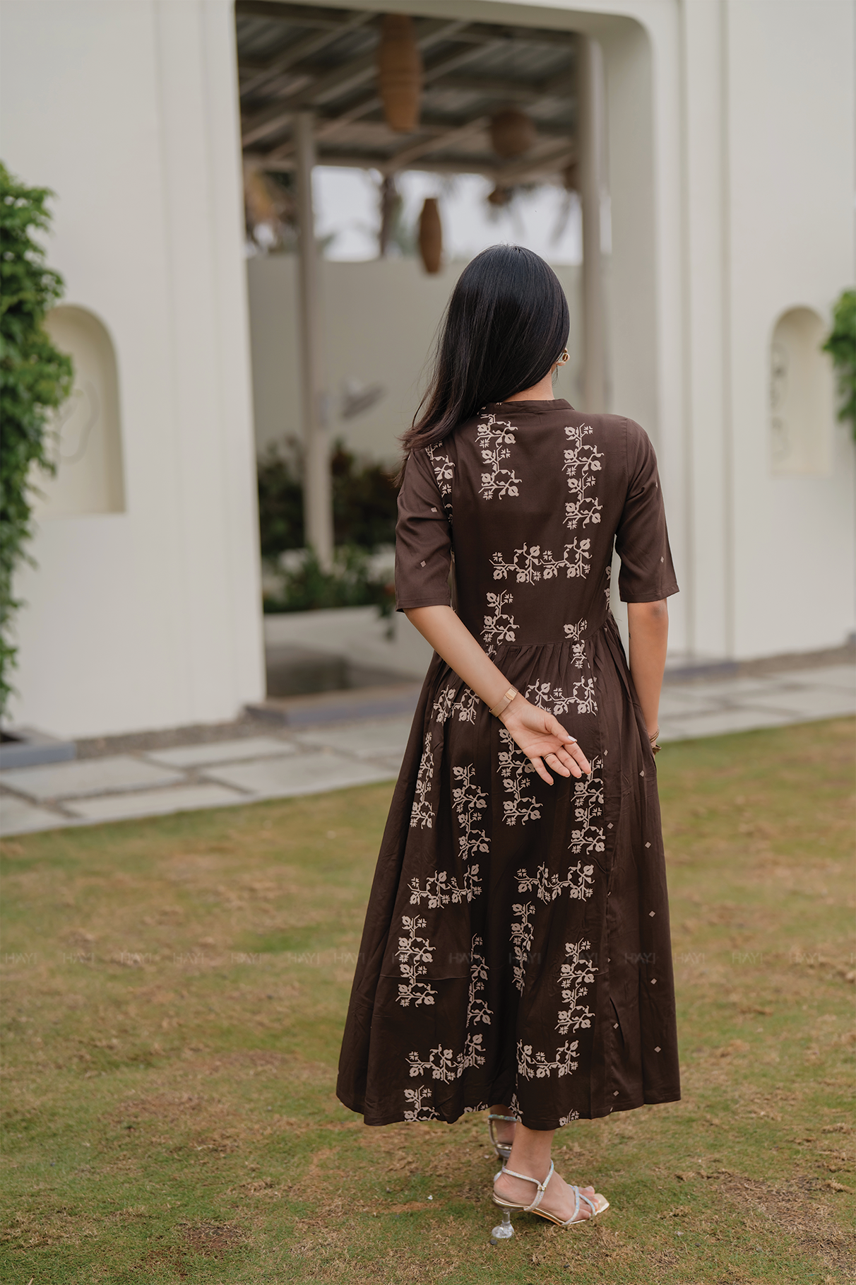 Caramel Flora Brown Viscose Dress with Chinese Collar Neck & Elbow Sleeves