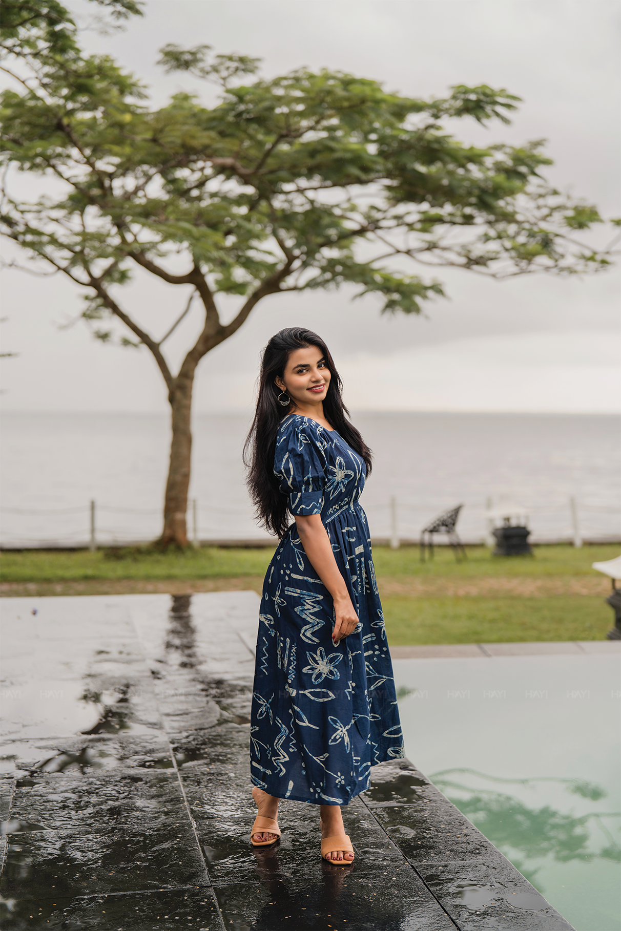 Celestial Dream Blue Cotton Dress with Rounded Square Neck