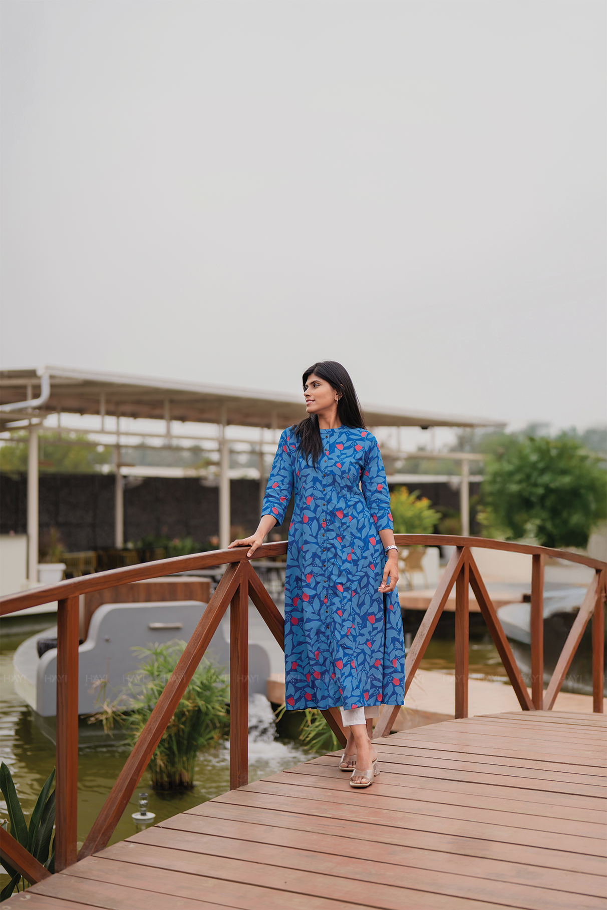 Bloomie Blue Viscose A-Line Kurta with Chinese Collar & 3/4 Sleeves