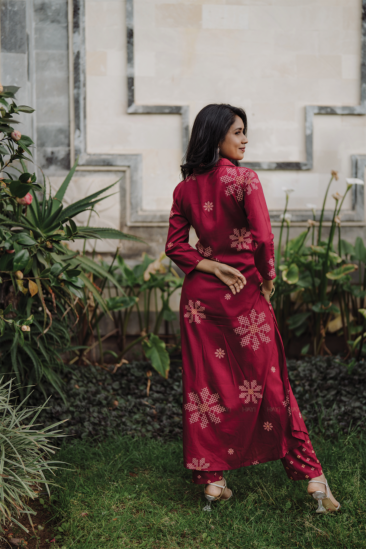 Maroon Mosaic Viscose Co-ord with Shirt Collar & 3/4th Sleeves