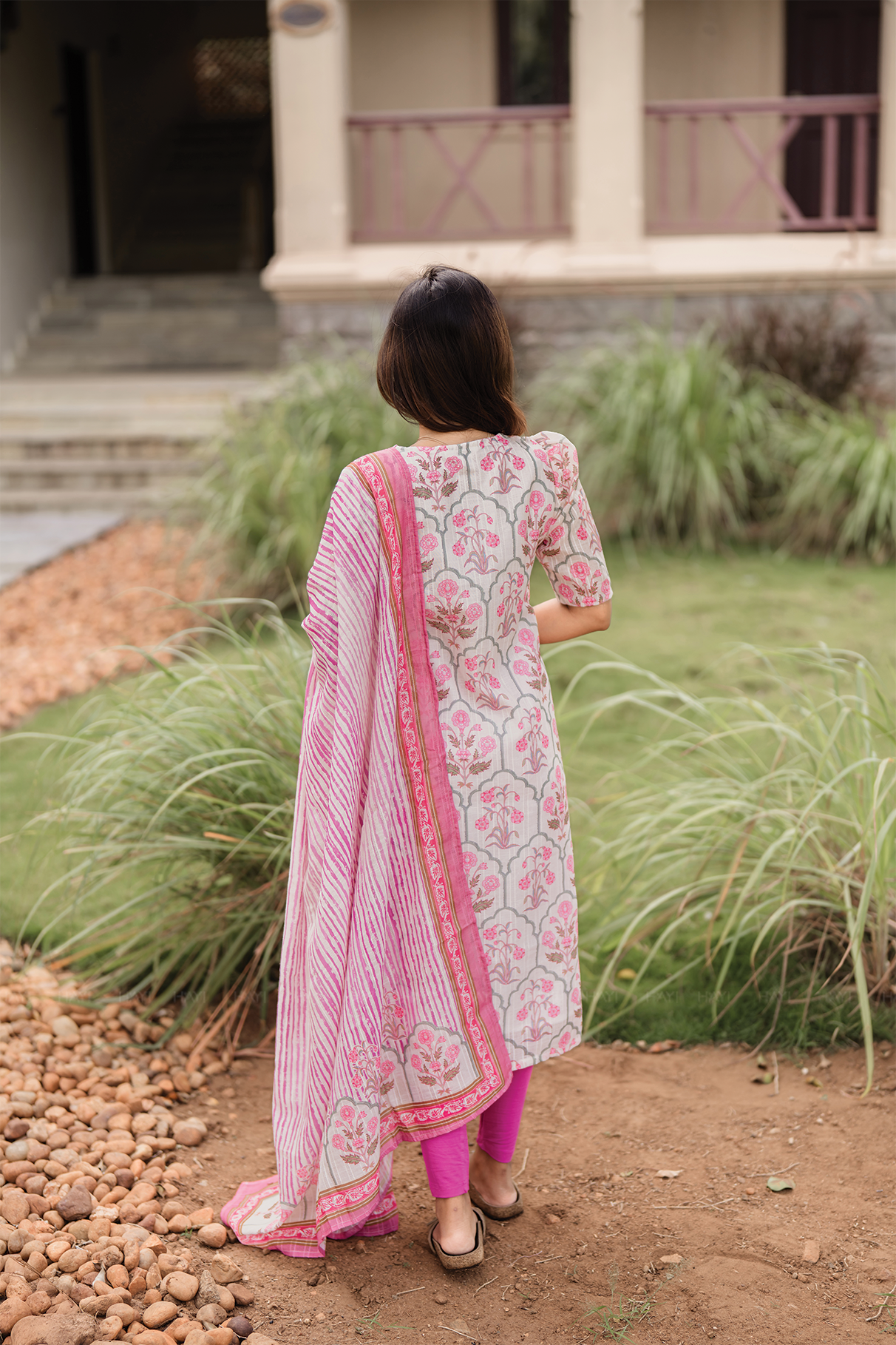 Bloomveil Half-White printed 2 Piece Linen Blend Kurta with Dupatta