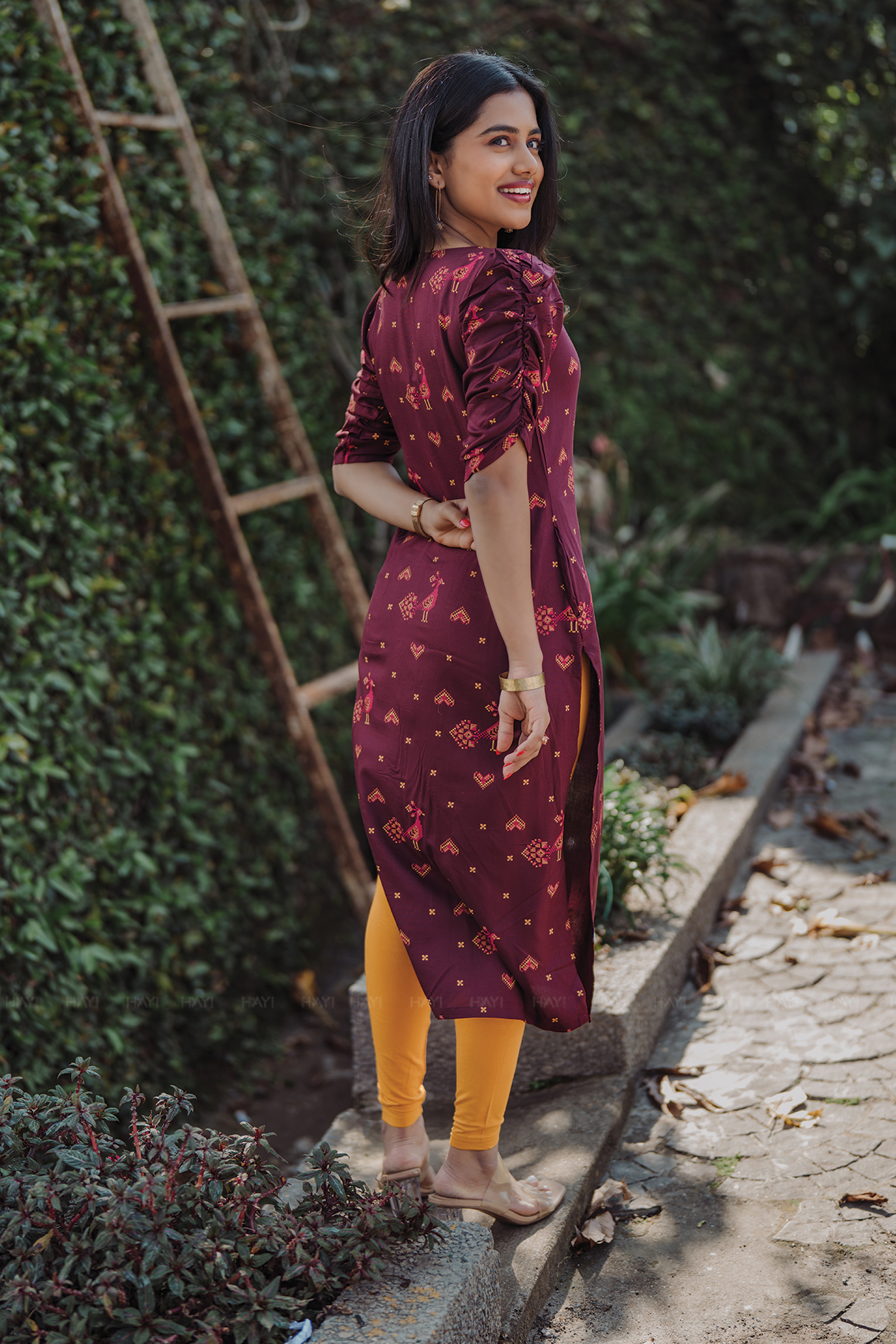 Crossloom Fable Brown Viscose Kurta with Sweetheart Neck & Ruched Sleeves