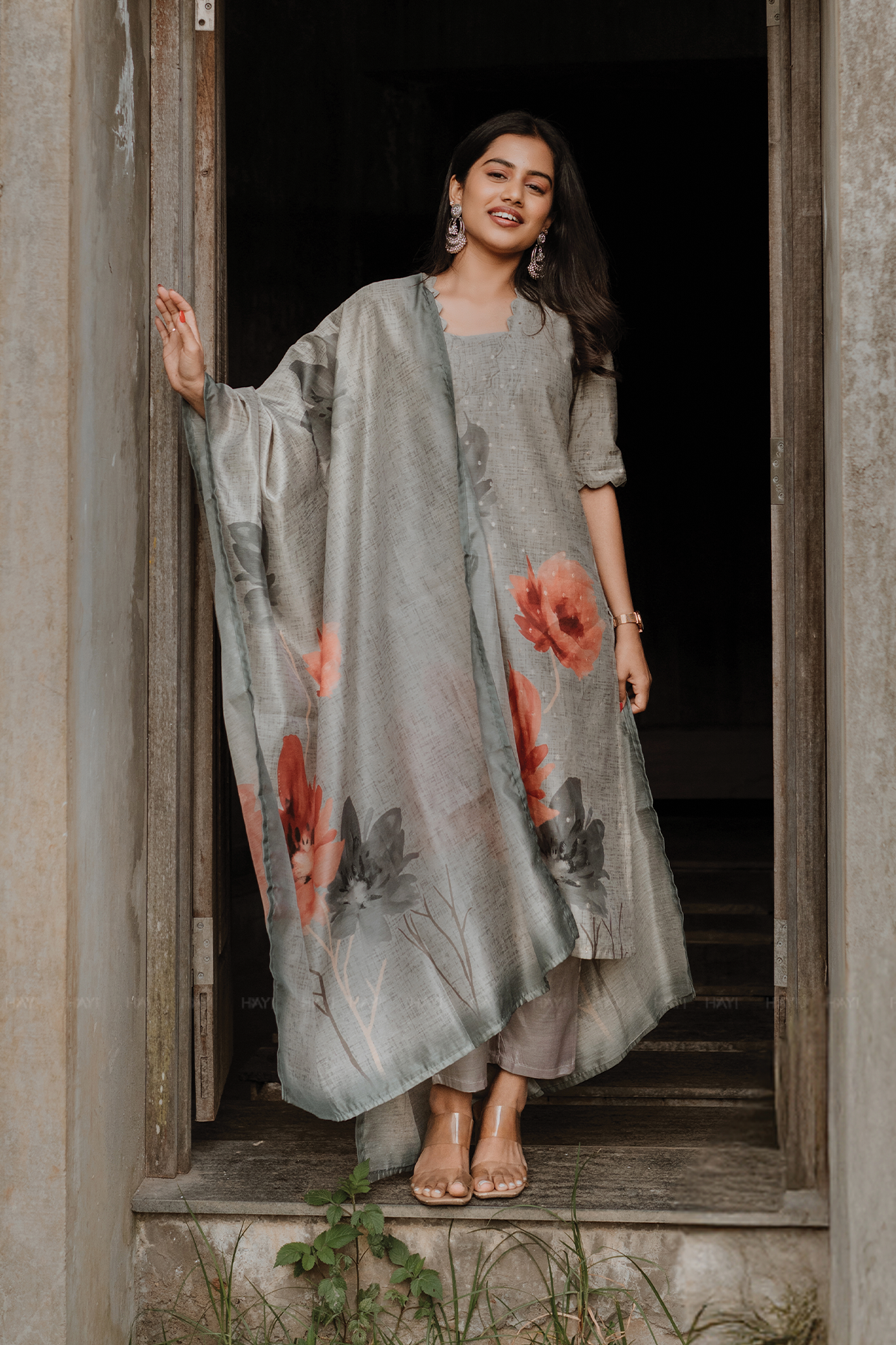 Vanessa Grey Tussar Silk Printed Kurta Set with Dupatta