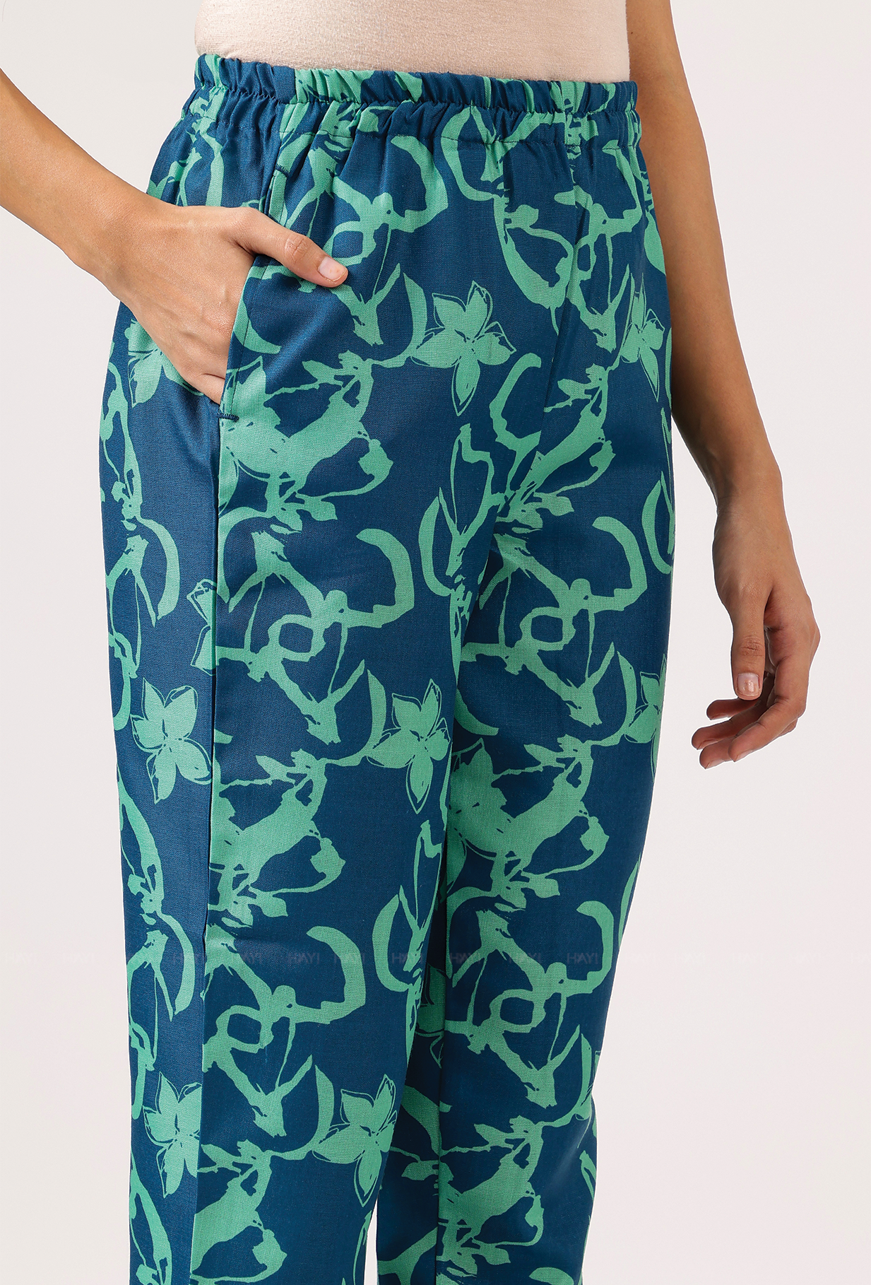 Cyan Teal Blue with Turquoise Petals printed Linen Blend Co ord set