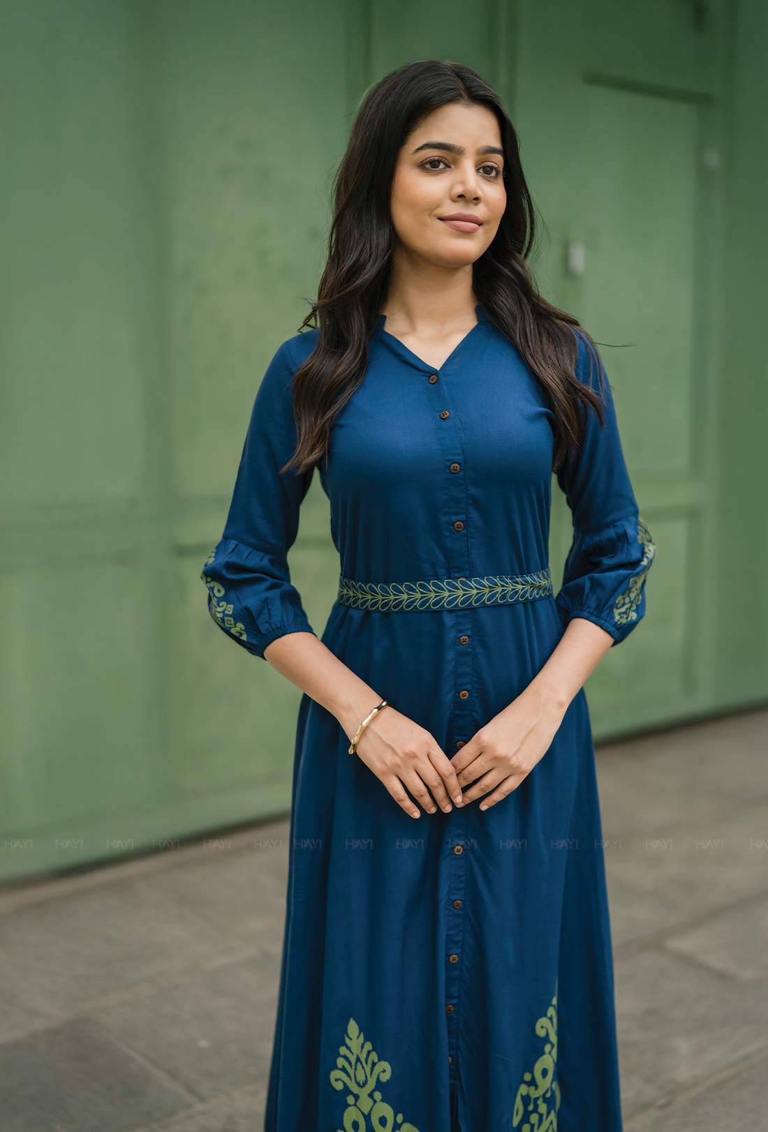 Indigo Heron with green printed Viscose Dress
