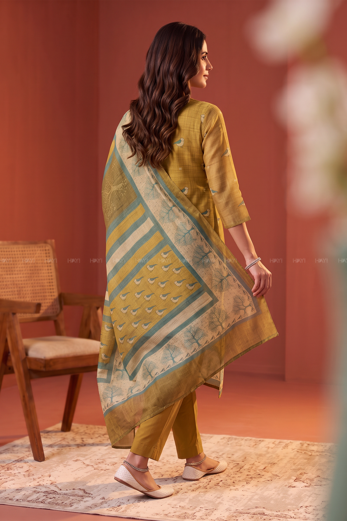 Birdsong Bloom Golden Yellow Silk Blend 3-Piece Kurta Set
