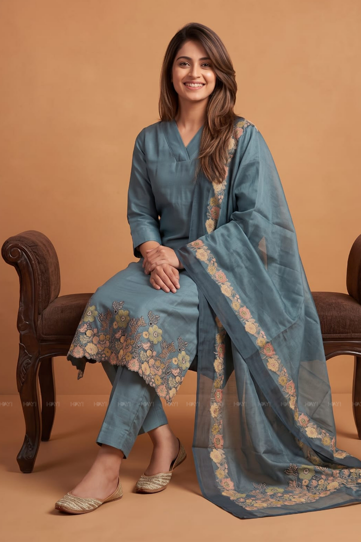 Nocturne Drift Embroidered 3 Piece Shimmer Tissue Blend Kurta Set with Dupatta