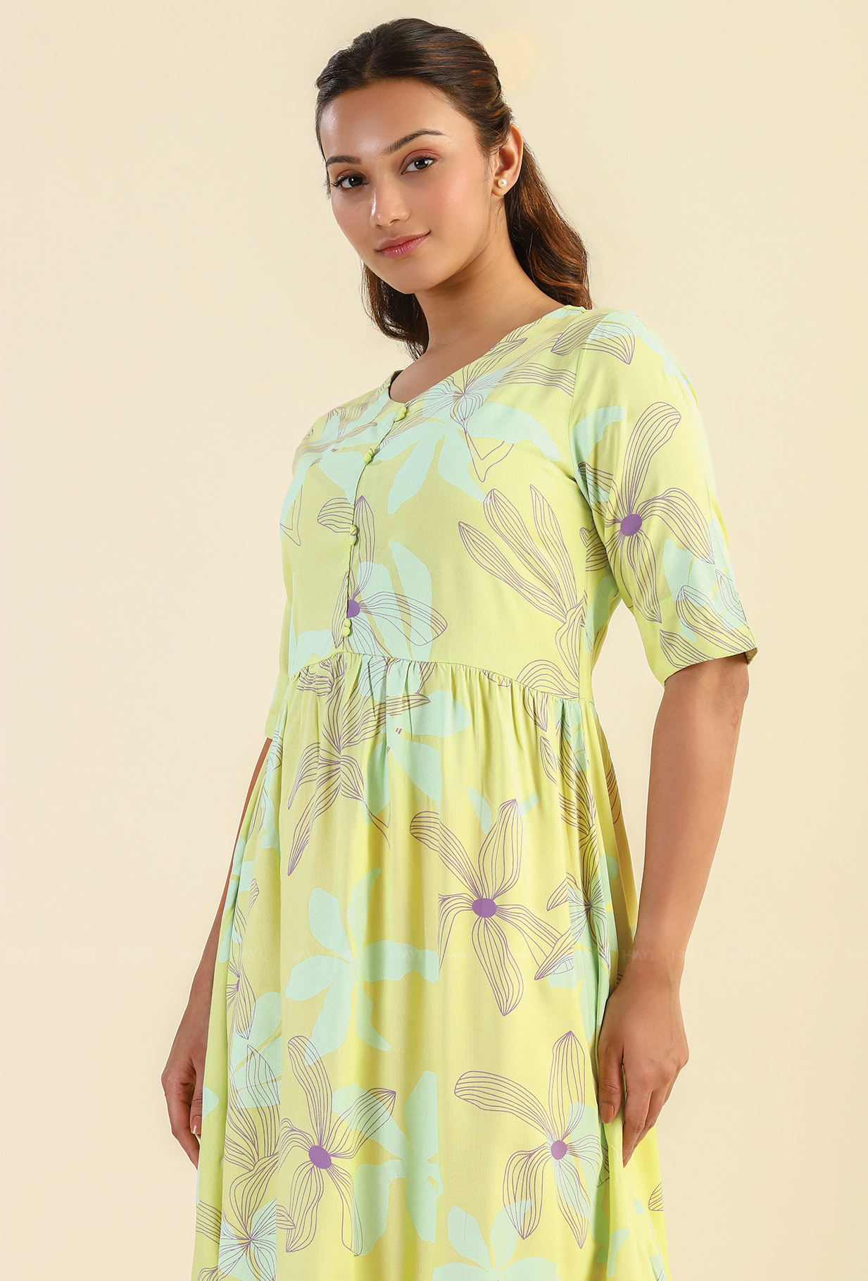 Lime Botanic Strokes Viscose Printed Dress