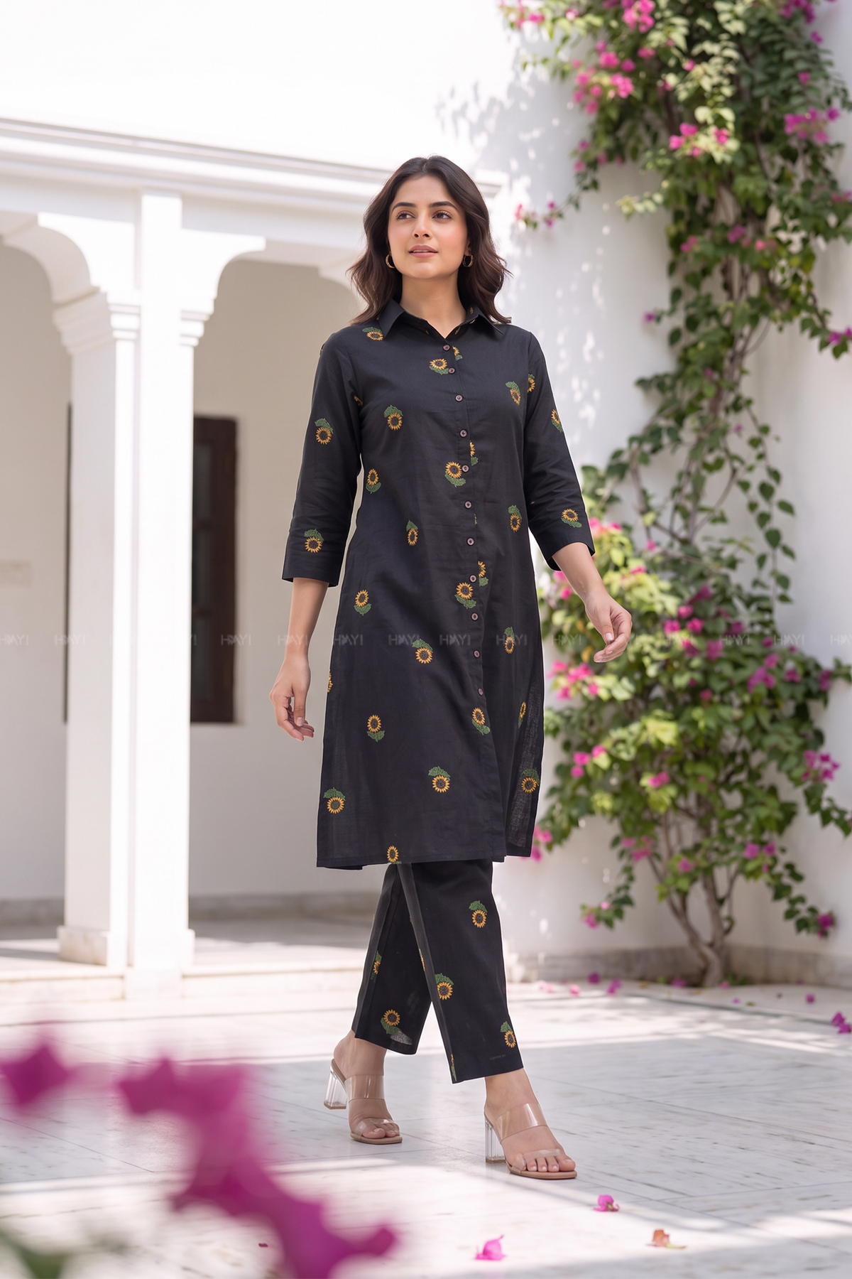 Sunflower Muse Black Cotton Flax Printed Co-ords Set