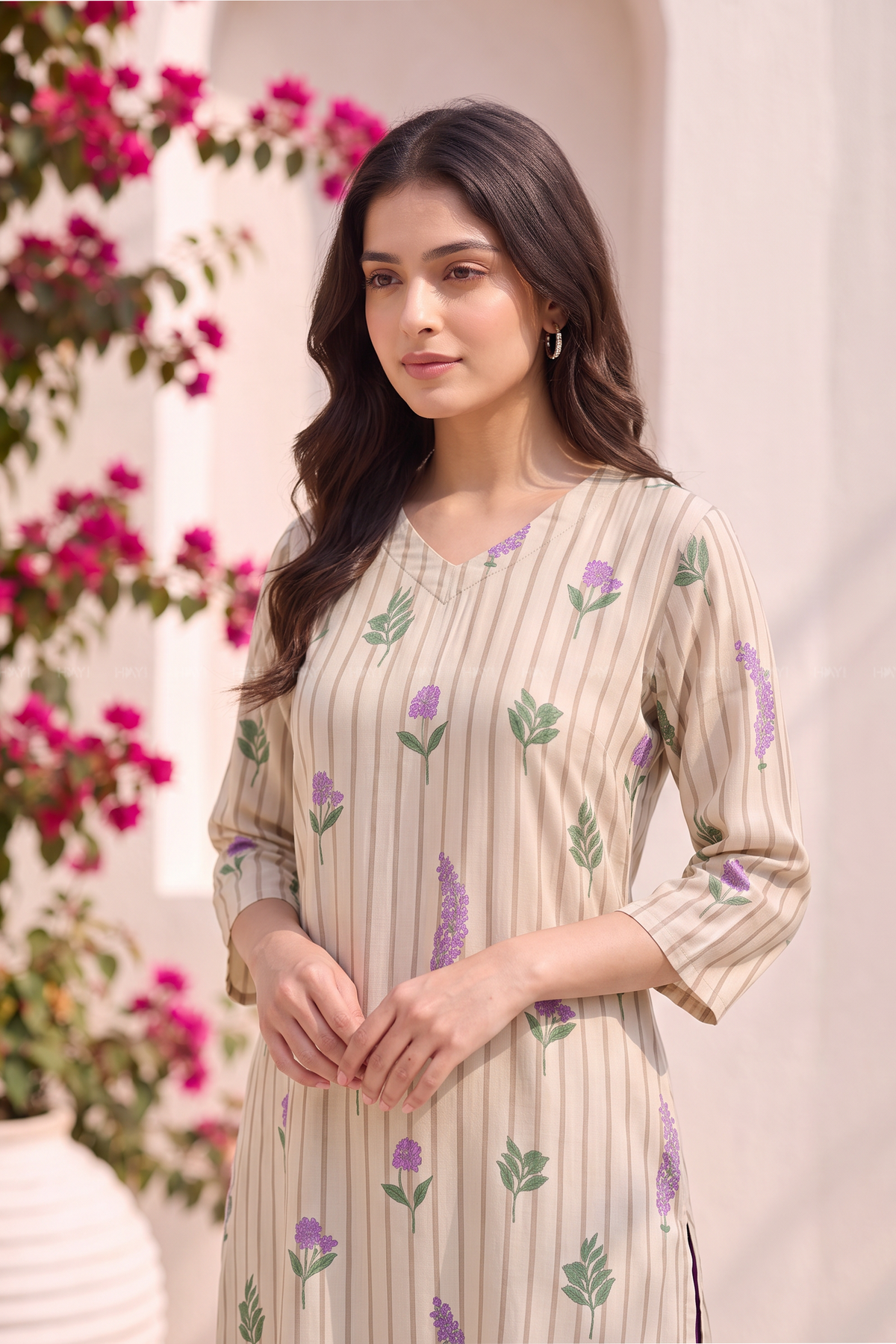 Ivy Bloom Beige Viscose Floral Printed Kurta