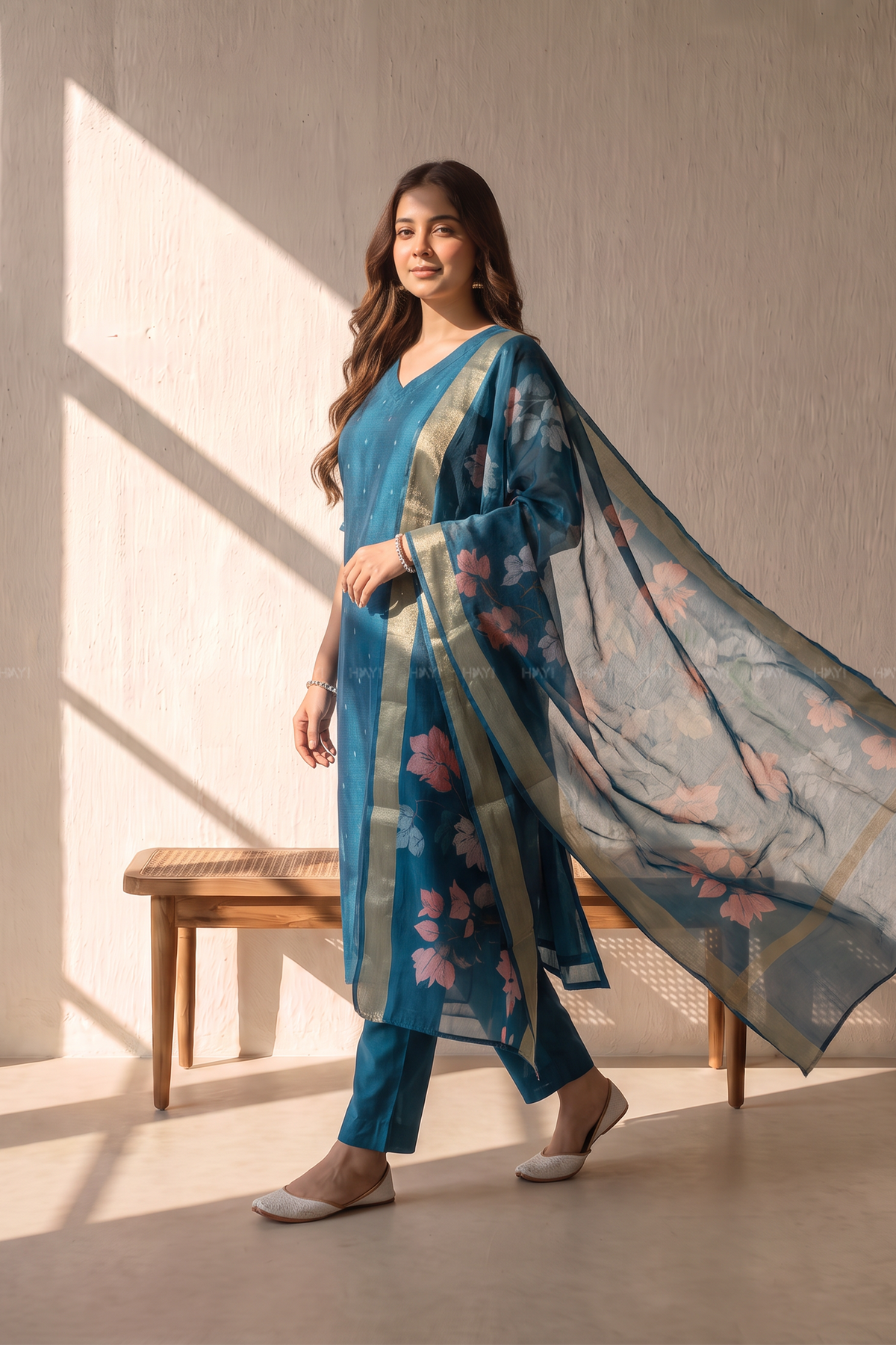 Ocean Blossom Blue Silk Blend Butti Printed 3-Piece Kurta Set