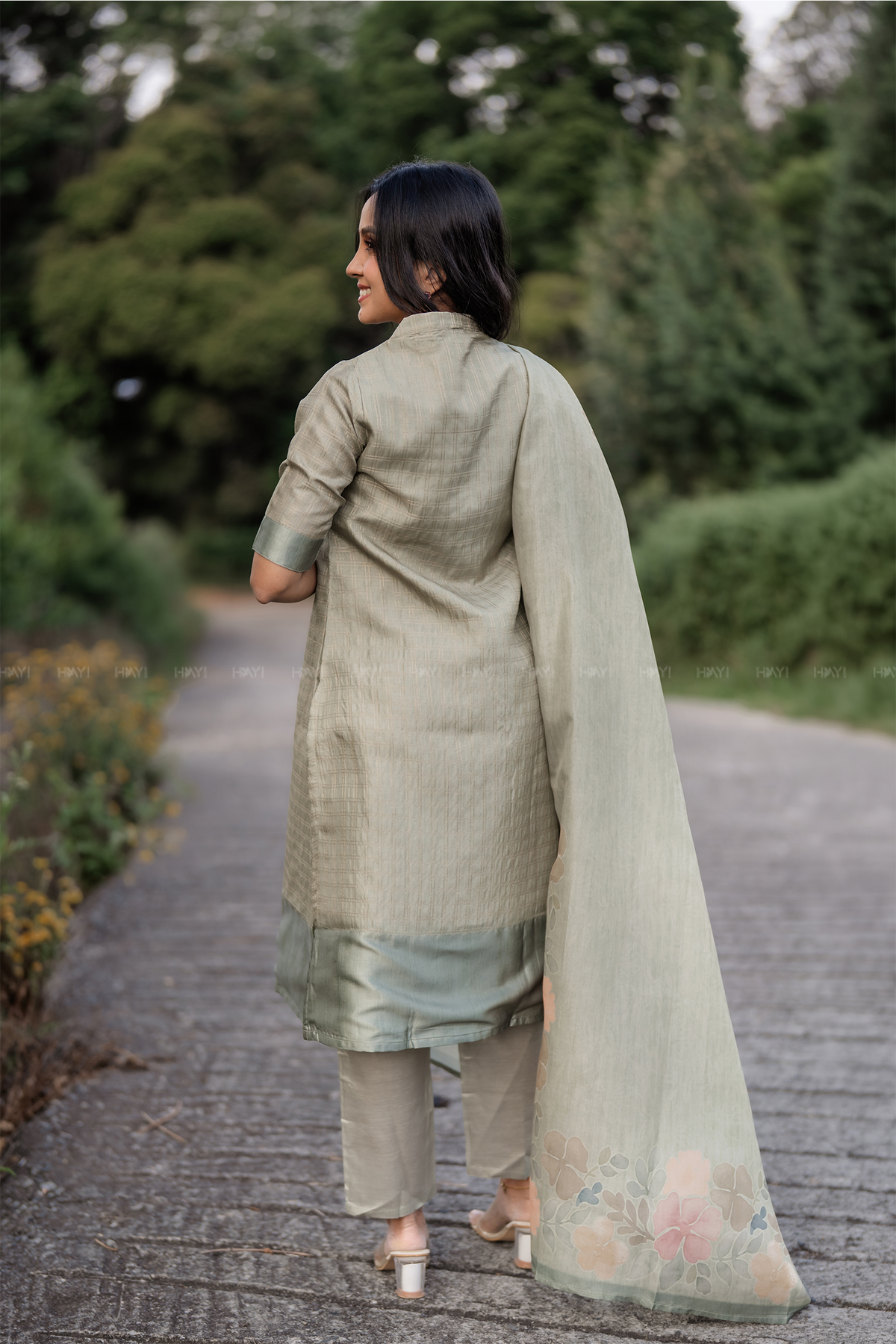 Olive Green 3 Piece Tussar Silk Printed Kurta Set with Dupatta