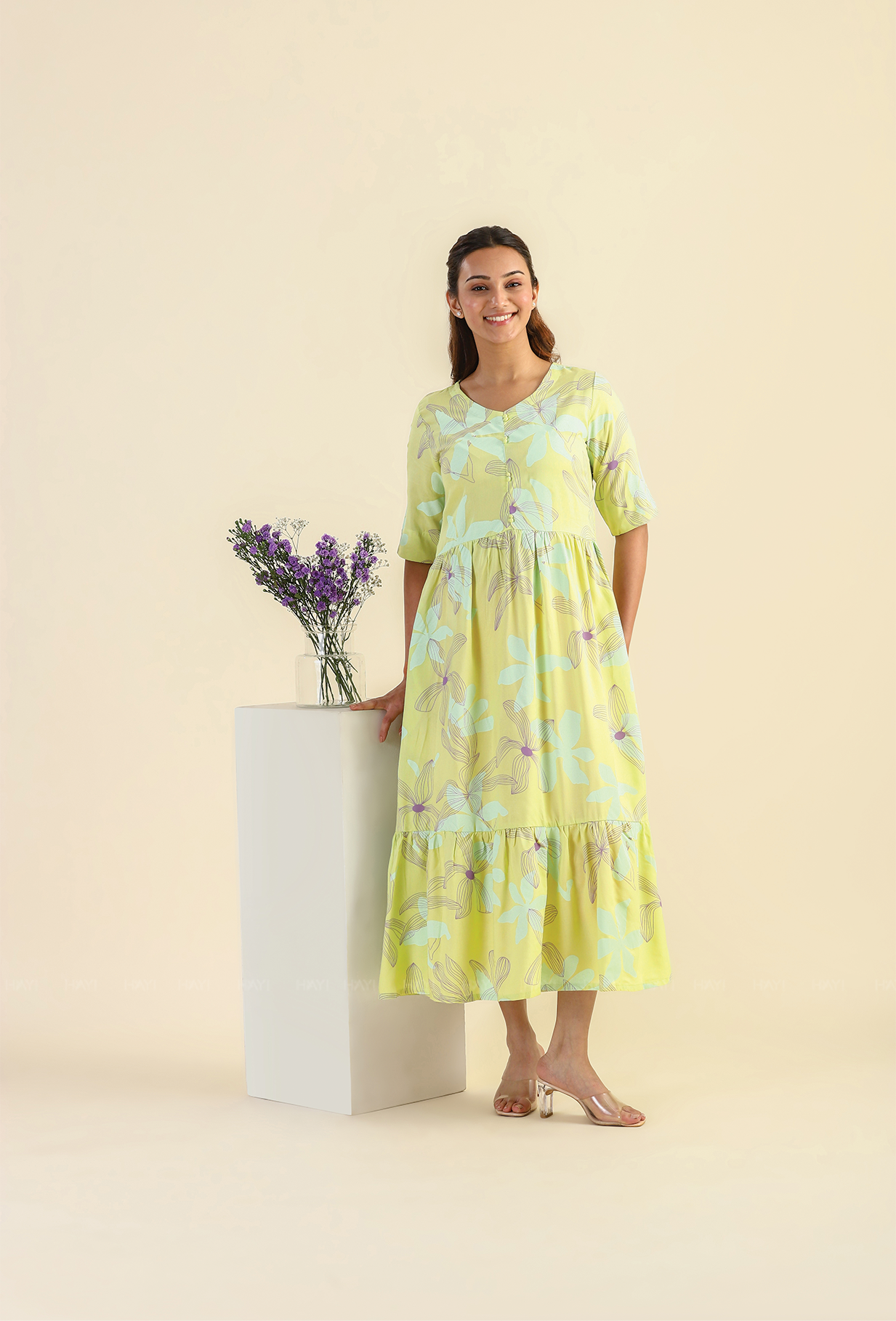 Lime Botanic Strokes Viscose Printed Dress