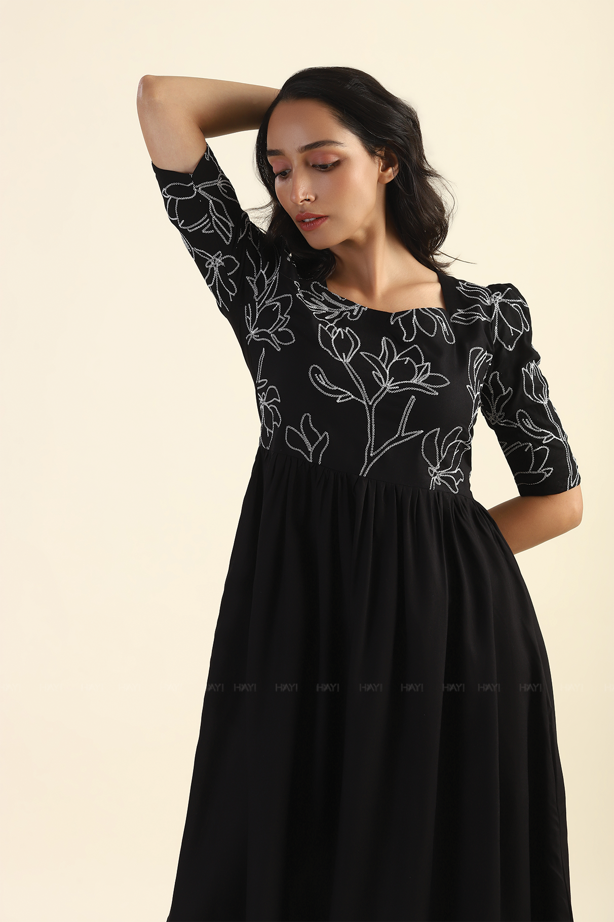 Midnight Black Shadowed Garden with Embroidery Viscose Dress