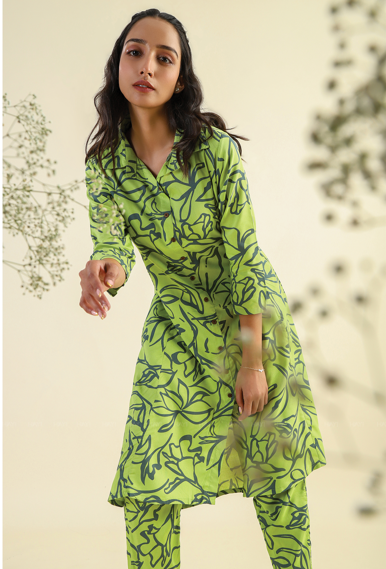 Green Ethereal Petals Viscose Printed Co-ords