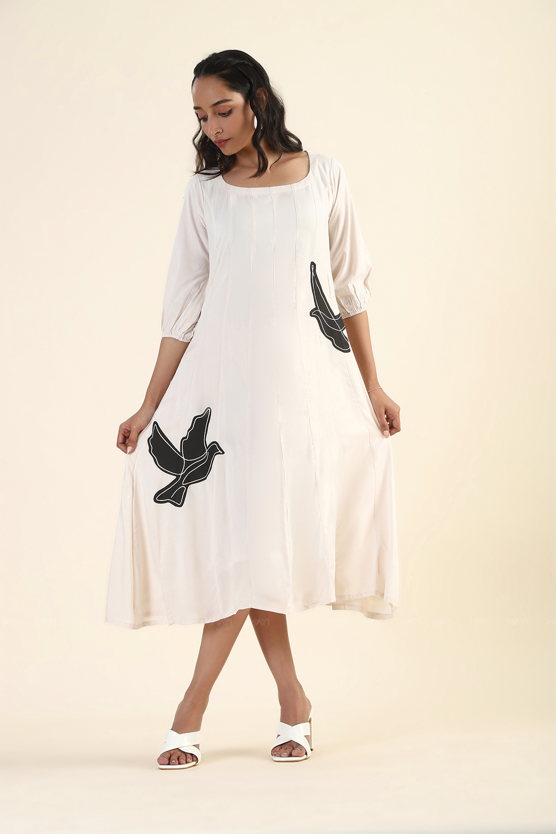Serenade White with Black Dove Printed Viscose Dress