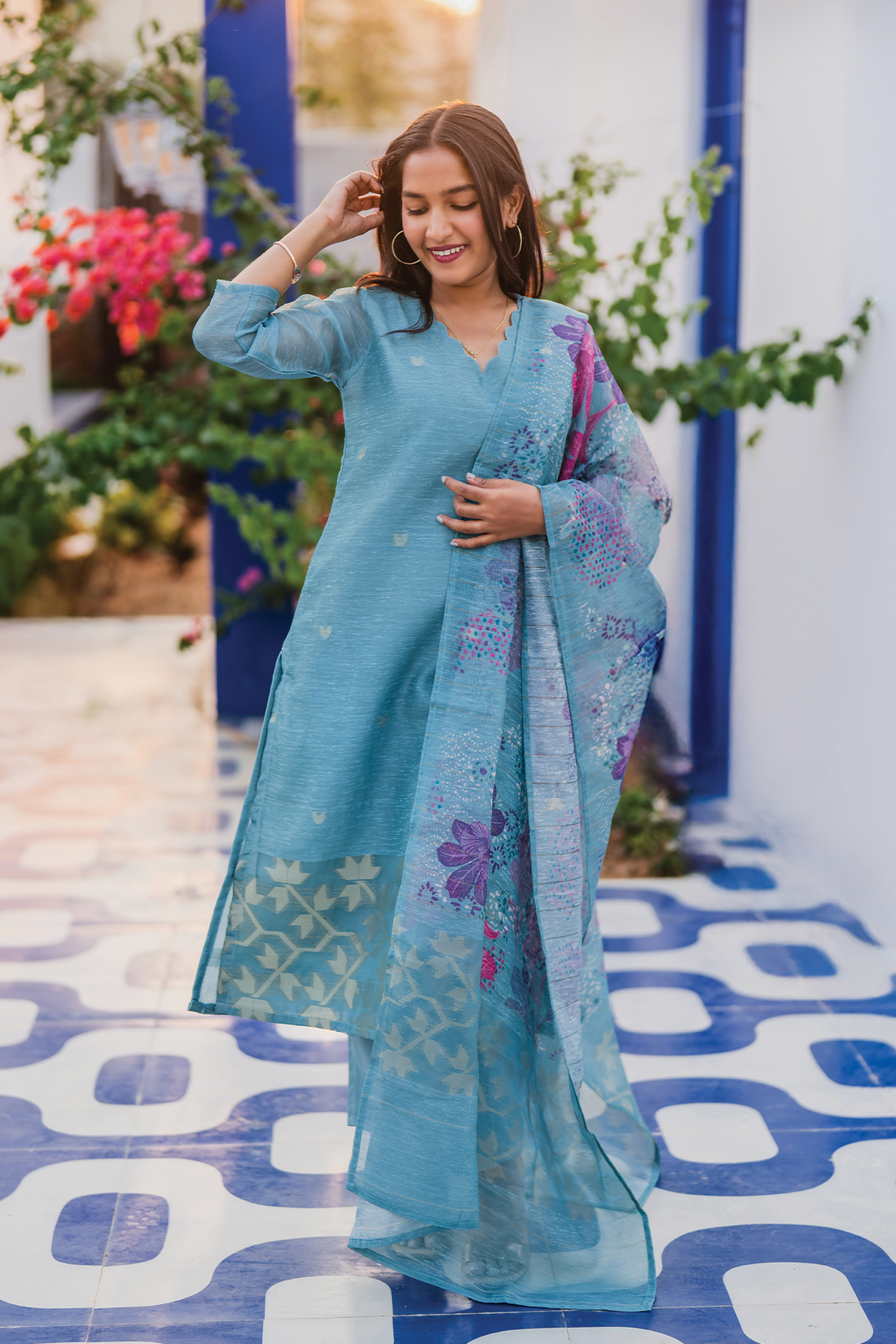 Neerika Printed 3 Piece Organza Slub Kurta Set with Dupatta