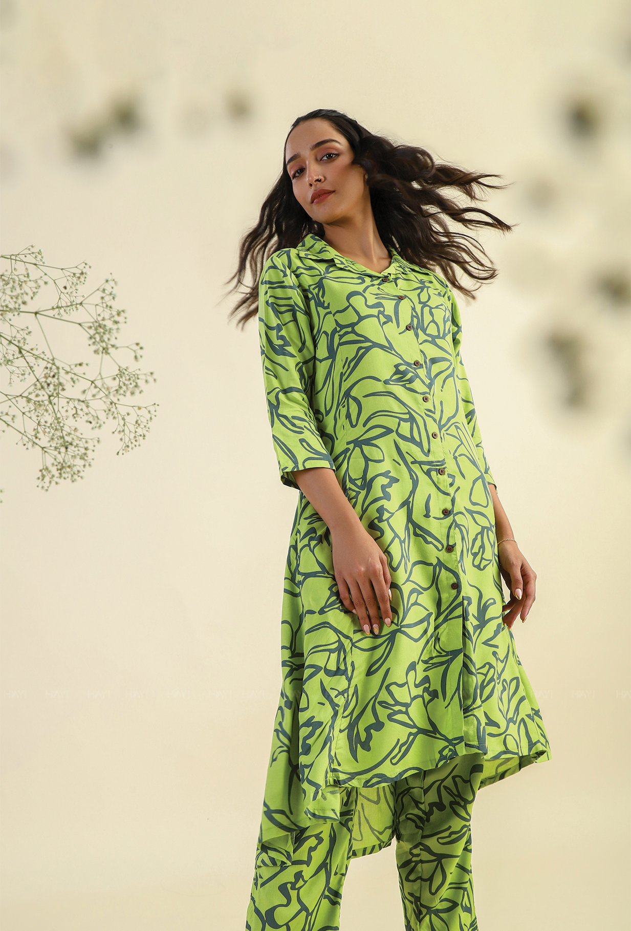 Green Ethereal Petals Viscose Printed Co-ords
