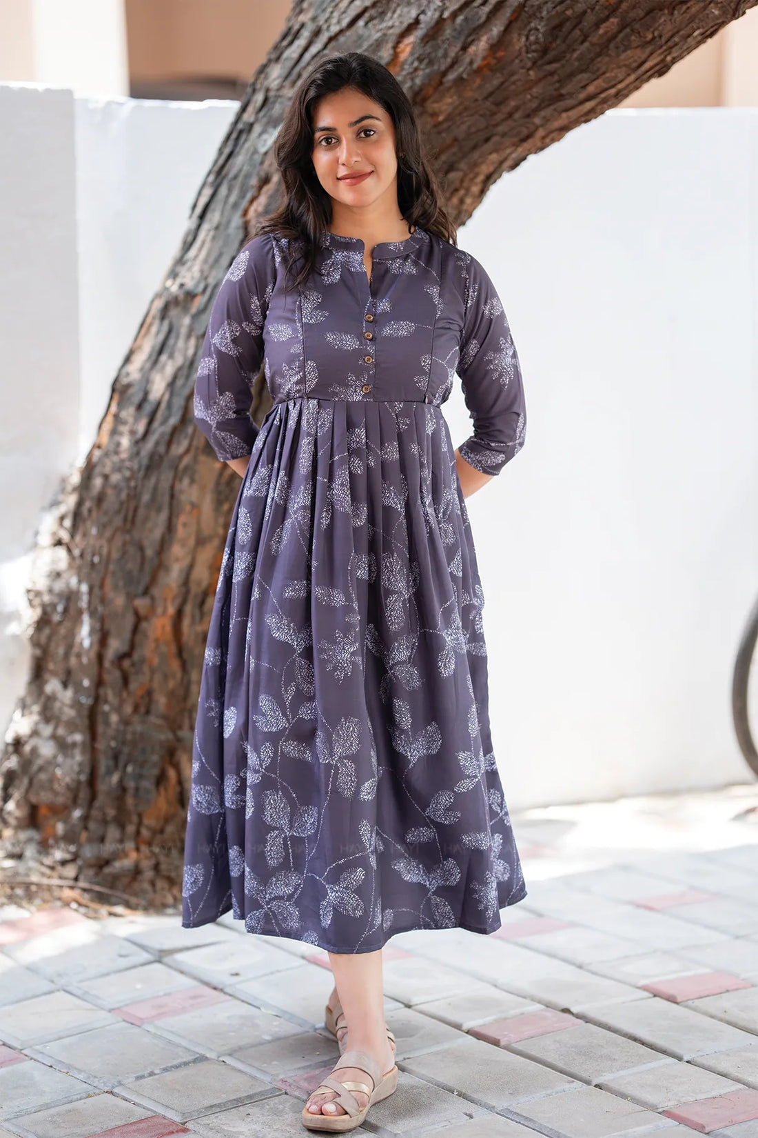 Muted Munlit Grey Printed Maternity and Feeding Maxi Wear