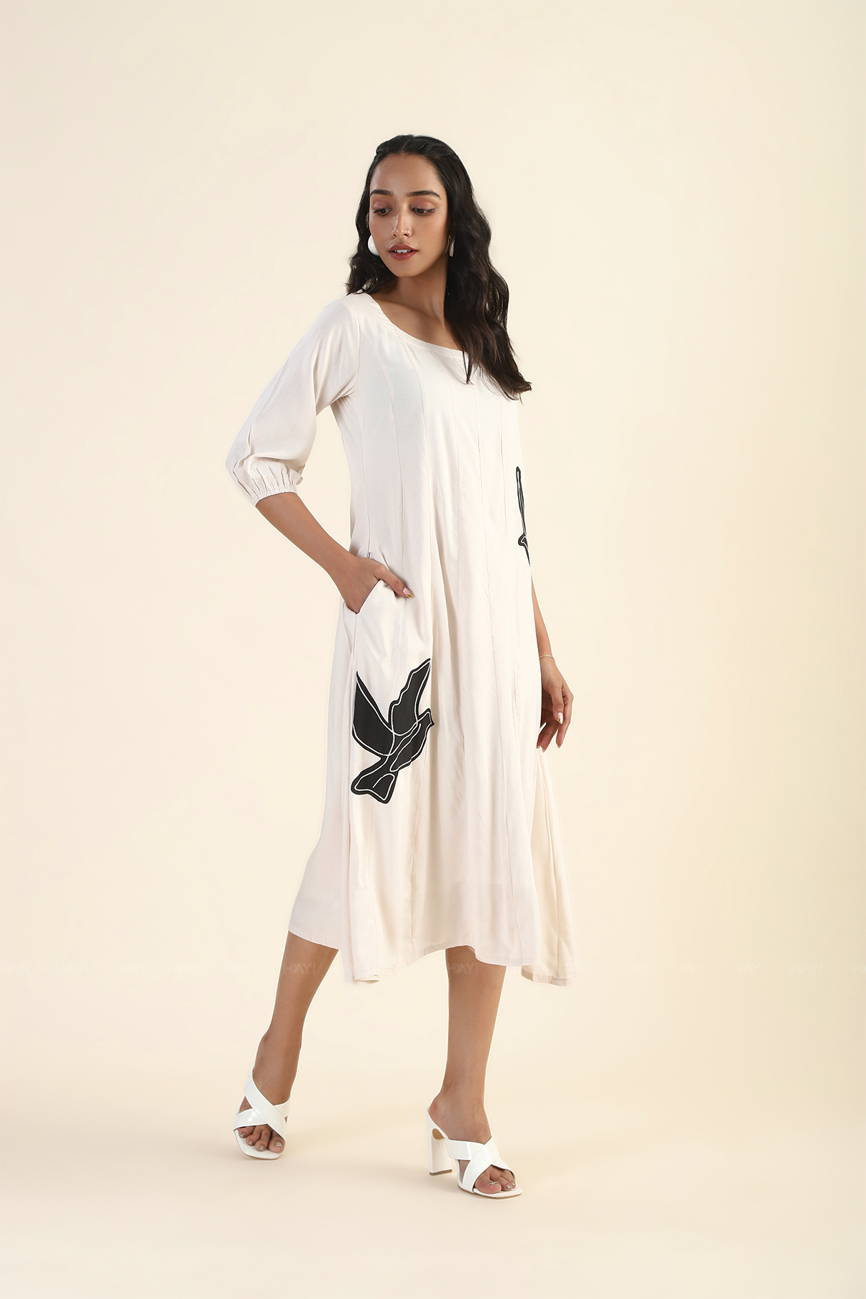 Serenade White with Black Dove Printed Viscose Dress
