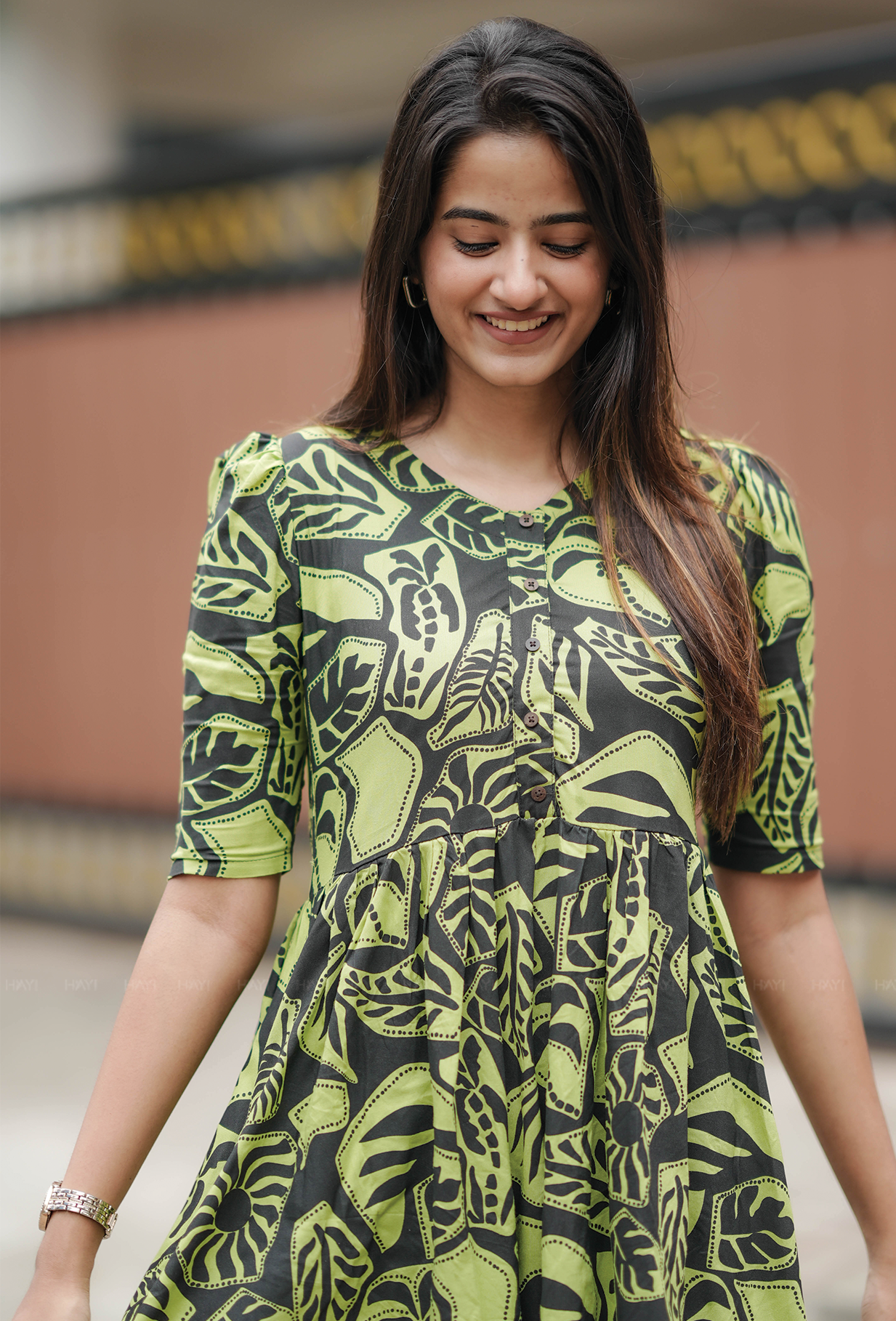 Jungle Eclipse Green Printed Viscose Maternity and Feeding dress