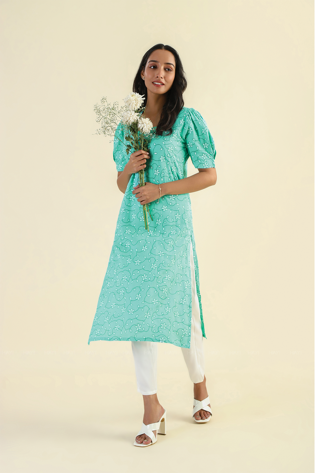Mint Opal Petals Viscose Printed Kurta