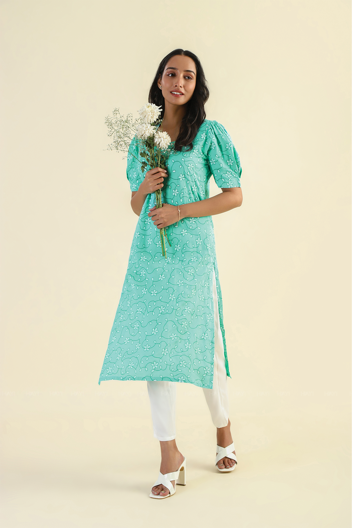 Mint Opal Petals Viscose Printed Kurta