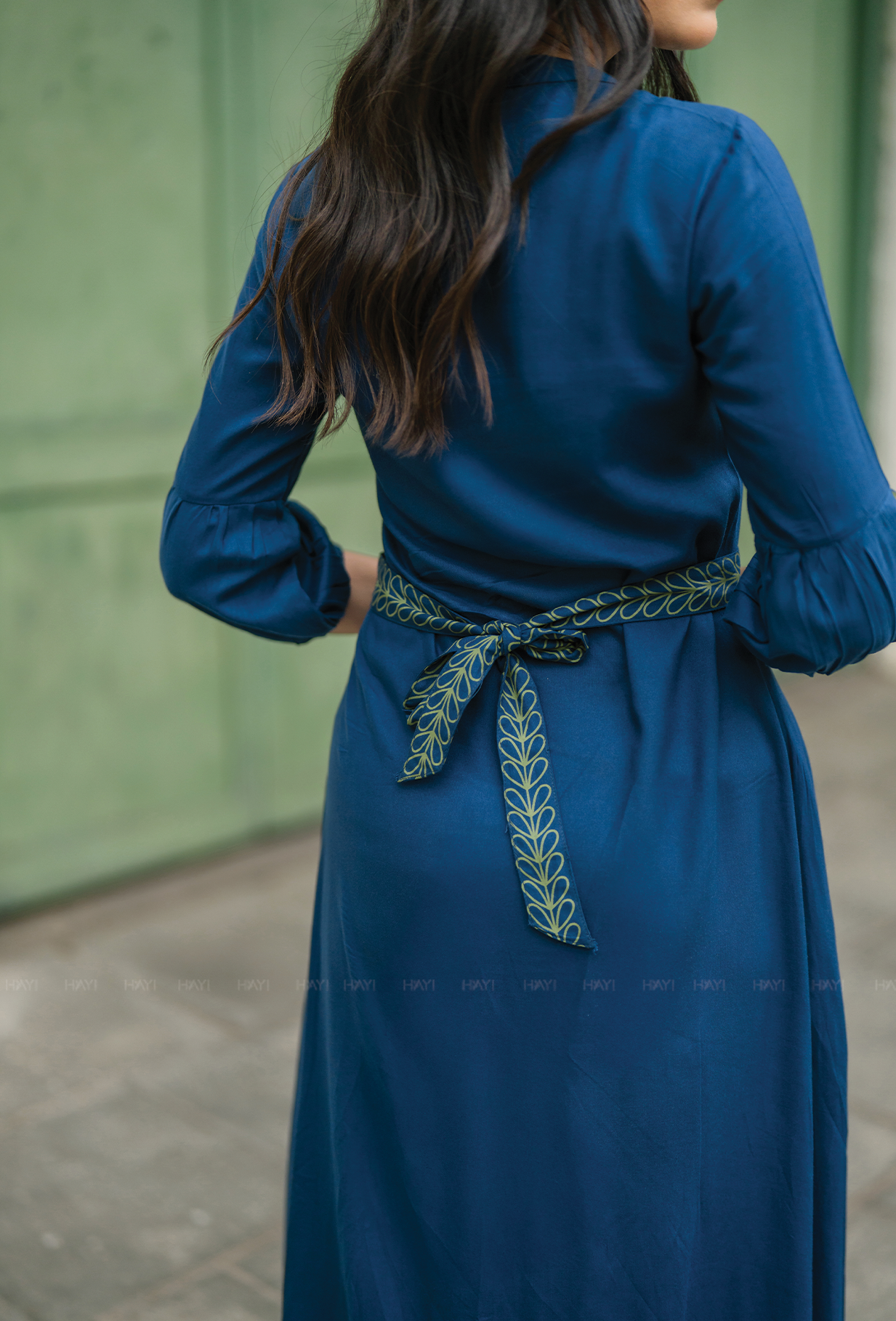 Indigo Heron with green printed Viscose Dress