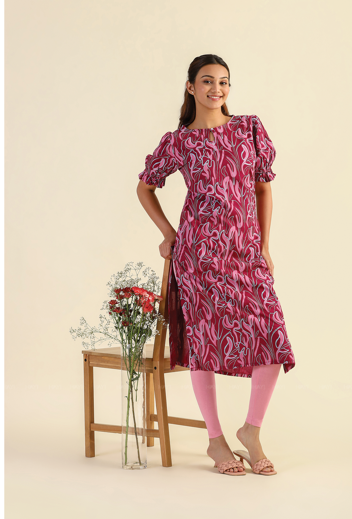 Red Scribbled Petals Viscose Printed Kurta