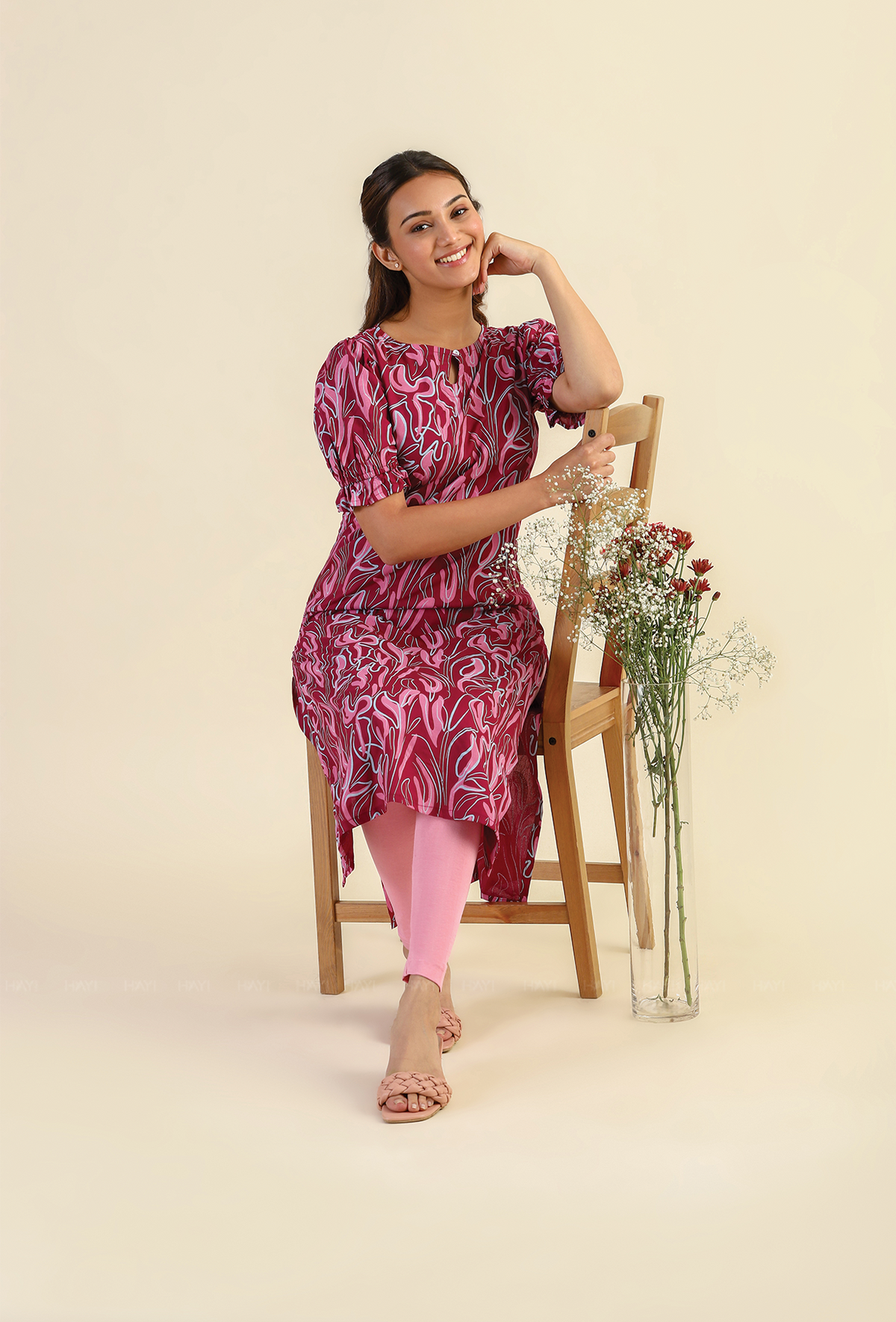 Red Scribbled Petals Viscose Printed Kurta