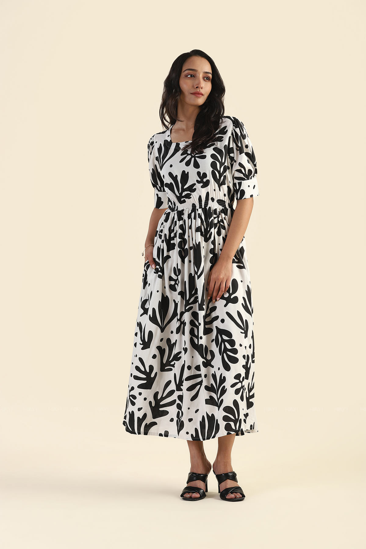 Rustle White Wild Leaves Printed Viscose Dress